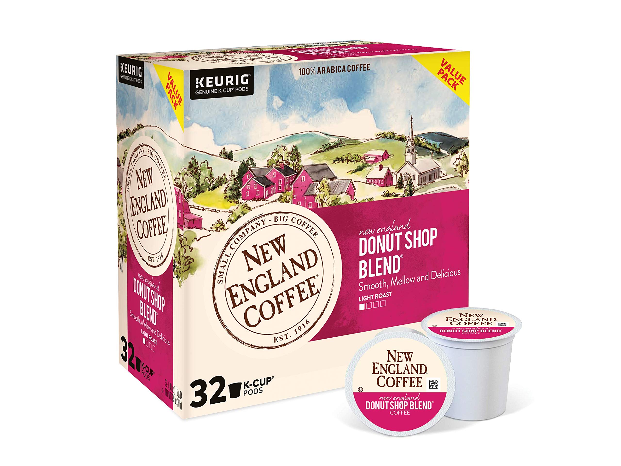 New England Coffee Donut Shop Blend Light Roast Single Serve Pods - 128 Count (4 Boxes of 32) - Perfect for Keurig Brewers, Office Coffee Stations & Morning Routines