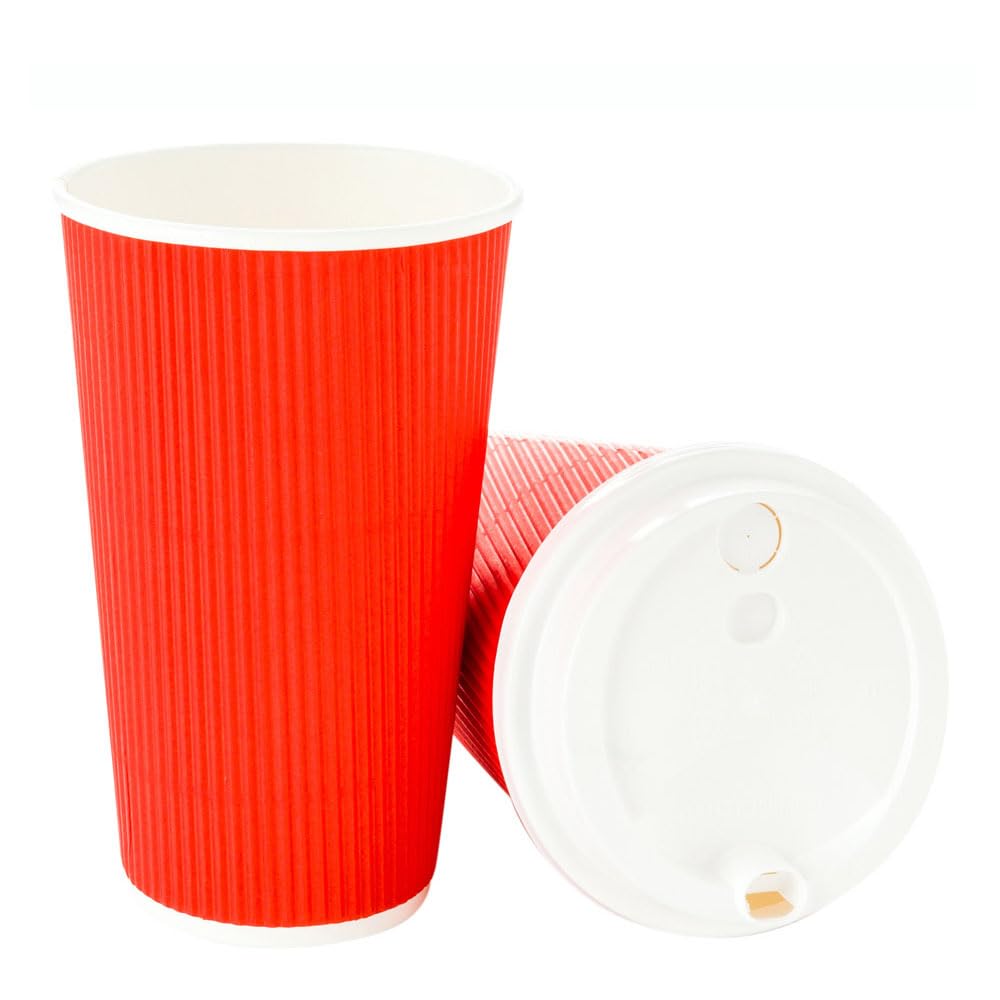 500 Pack 16oz Disposable Coffee Cups with Ripple Wall Design - Insulated Red Paper Hot Cups for Coffee, Tea & Hot Beverages (Lids Sold Separately) - Perfect for Cafes, Offices, Catering & Takeout Services