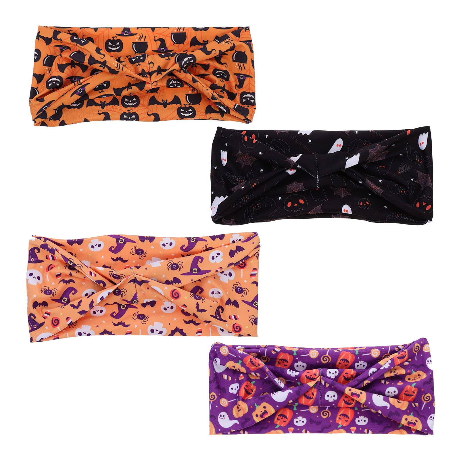Beaupretty 4 Pack Halloween Pumpkin Ghost Headbands - Stretchy Wide Hair Bands for Men & Women - Yoga, Running, Gym Workout, Fitness Exercise - Perfect for Halloween Costumes, Sports & Sweat Control