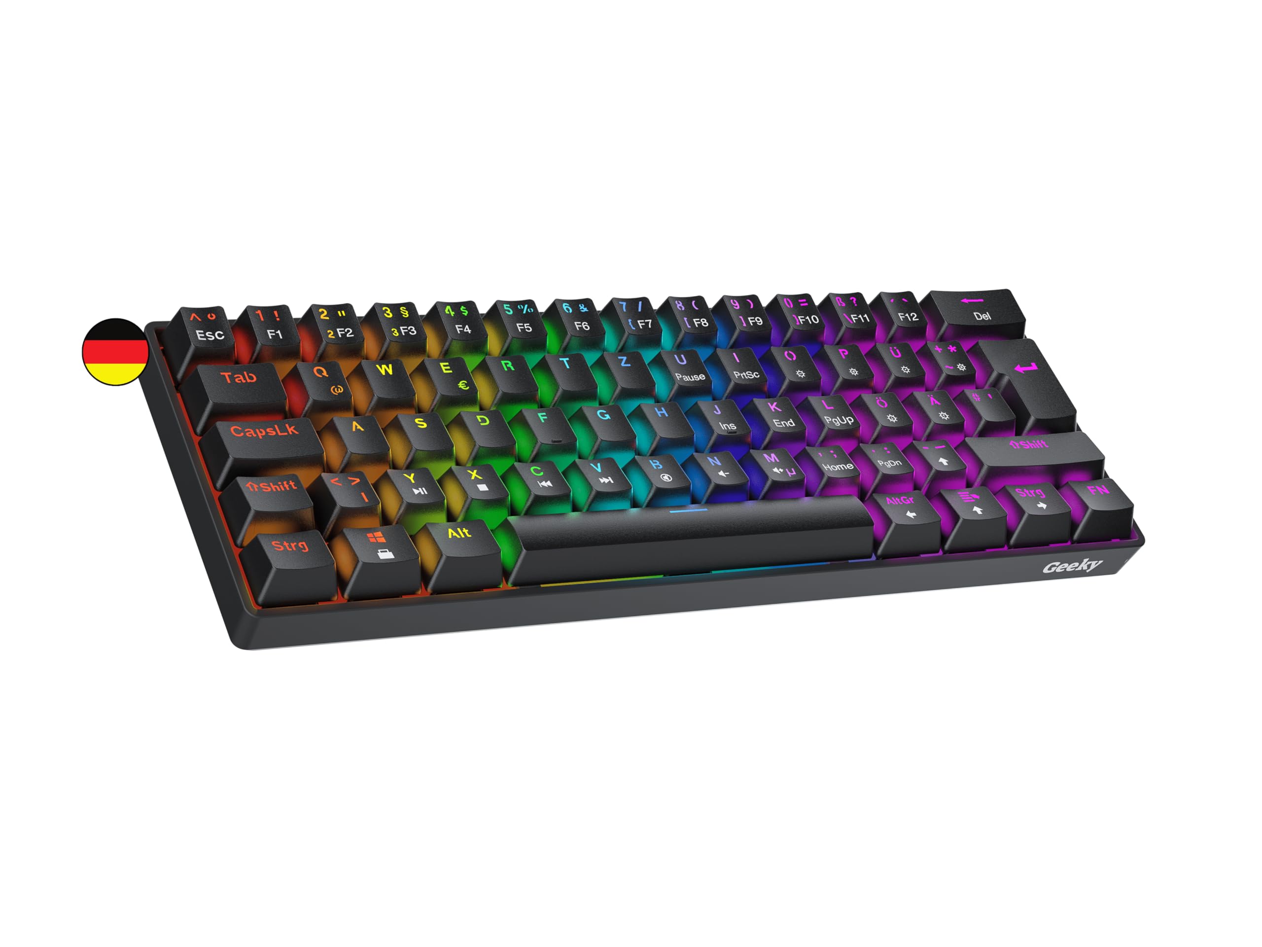 Geeky GK61 60% Hot Swappable Mechanical Gaming Keyboard - 62 Keys Multi-Color RGB Backlit, ISO DE QWERTZ German Layout (Black, Speed Yellow Switches) for PC & Mac Gamers - Perfect for Competitive Gaming & Typing
