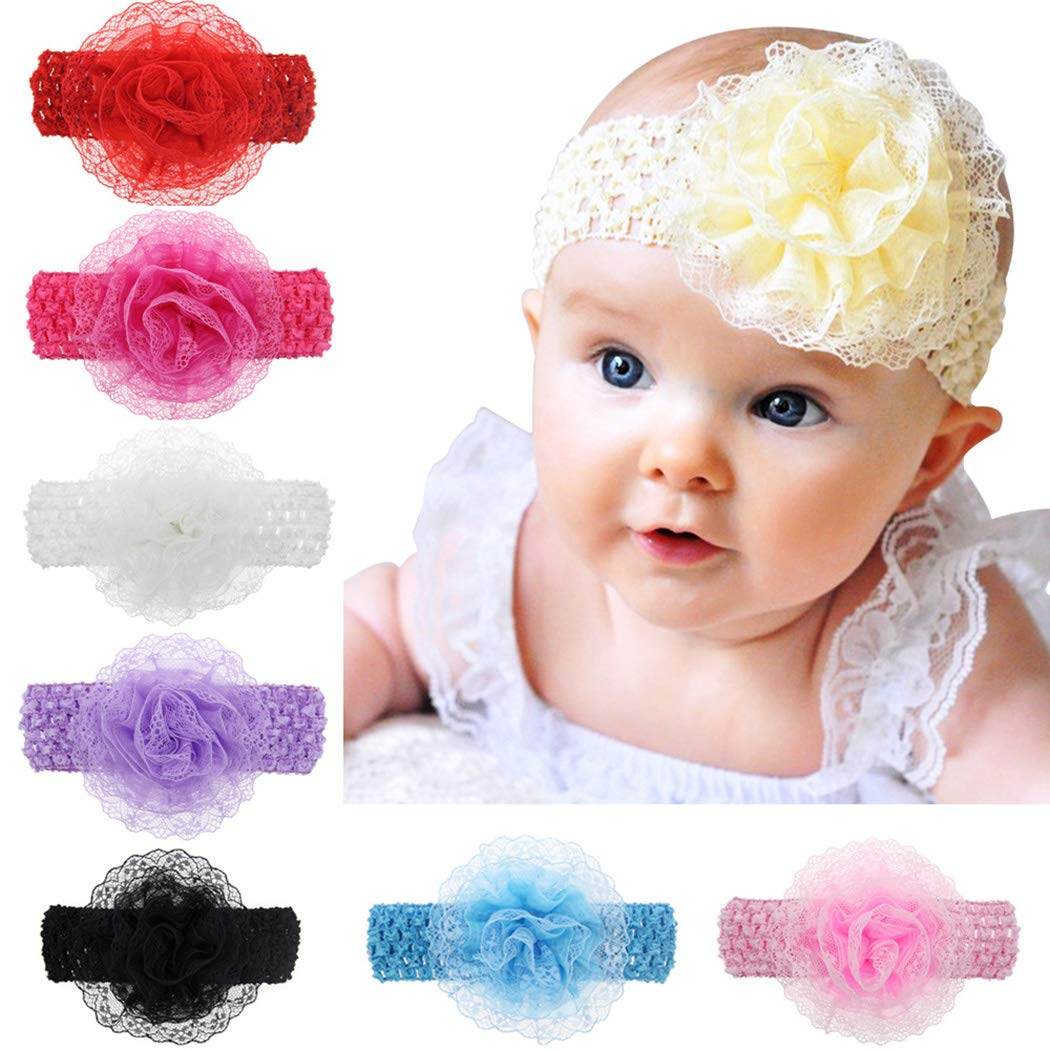 FIMBUL Beyter Baby Girls' Crochet Cutwork Flower Headbands - 6 Pack Multicolor Synthetic Hair Accessories for Newborns, Infants & Toddlers - Perfect for Photos, Parties & Everyday Wear