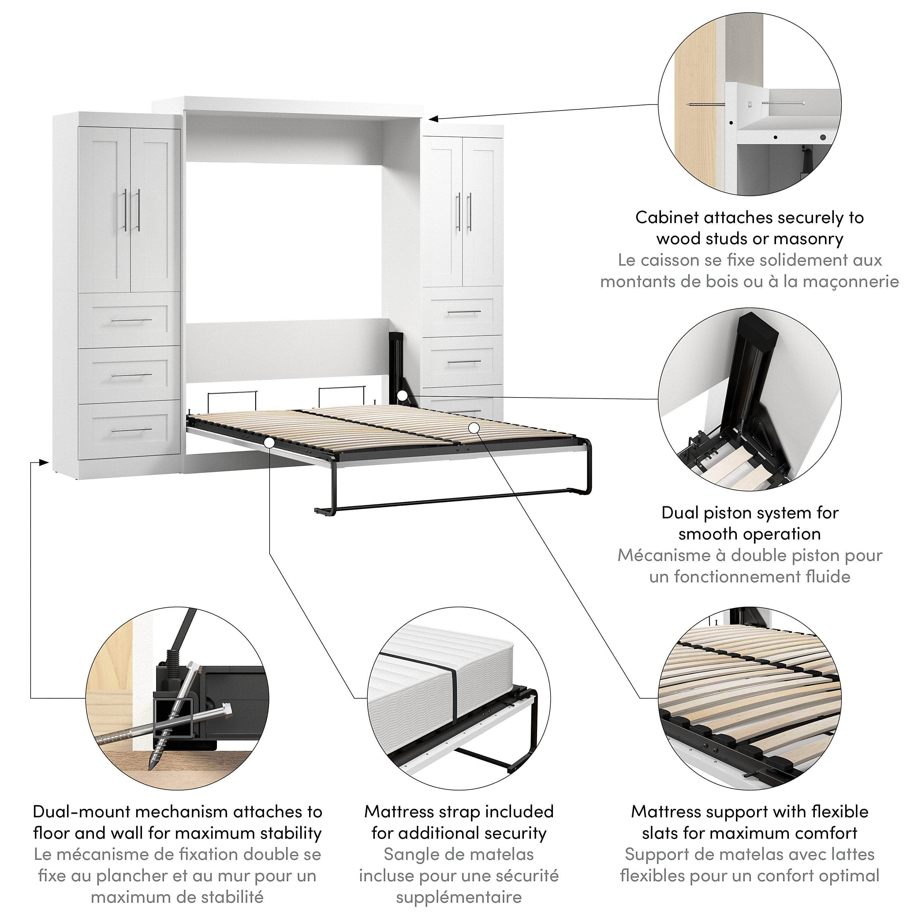 Pur Queen Murphy Wall Bed with Closet Storage Cabinets (115W) - 7 Color Options - Space-Saving Solution for Small Apartments, Guest Rooms & Home Offices