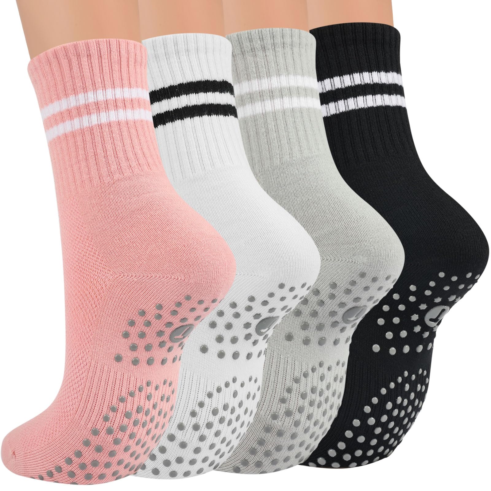 Non-Slip Pilates Socks for Women - 4 Pairs Yoga Crew Socks with Grip Dots for Barre, Hospital & Home Use - Sticky Slipper Socks for Workout & Recovery