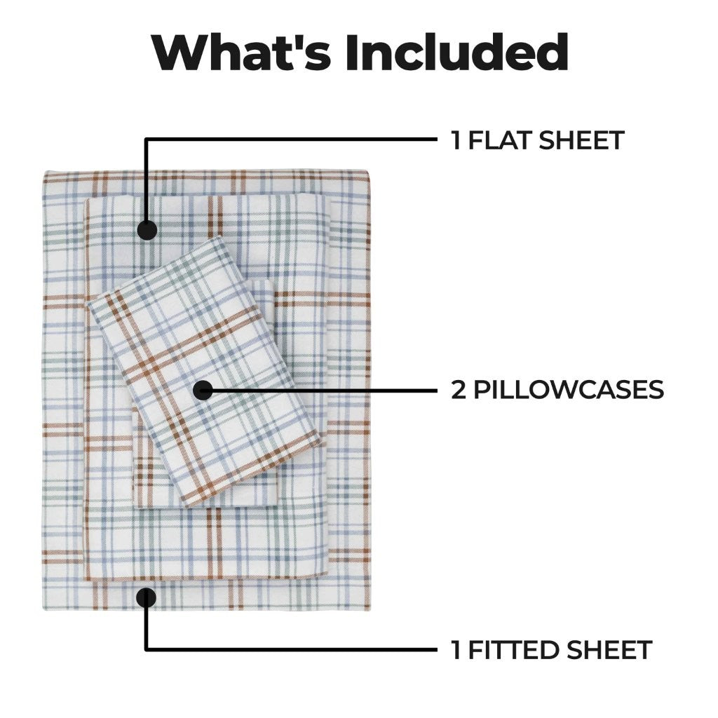 Soft Plaid Flannel Cotton Bed Sheet Set - Classic Farmhouse Style Deep Pocket Fitted Sheets for Cozy Winter Nights & Guest Room Comfort