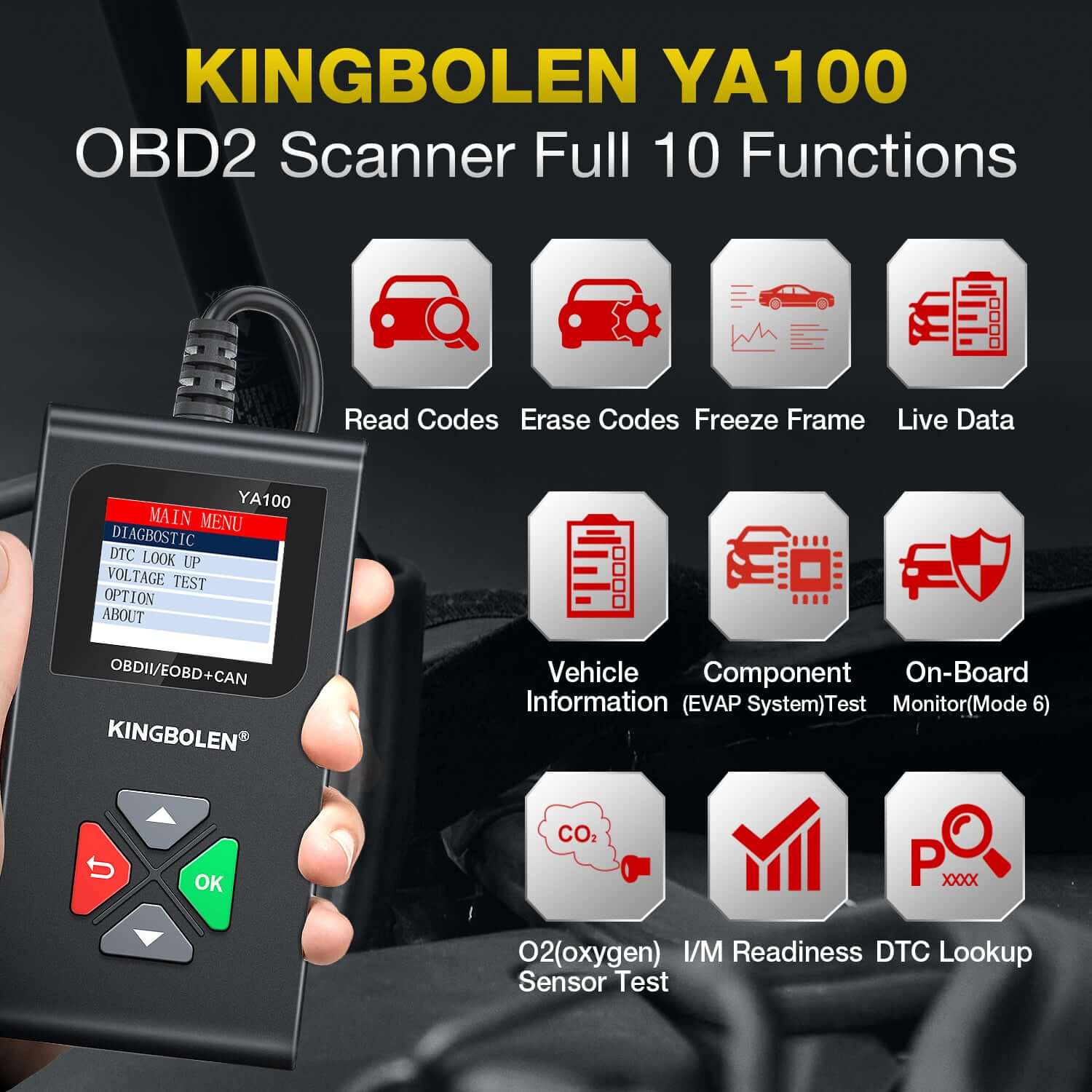 KINGBOLEN YA100 Auto OBD2 Scanner - Professional Car Diagnostic Tool for Engine & Exhaust Inspection | Perfect for Mechanics & DIY Car Maintenance
