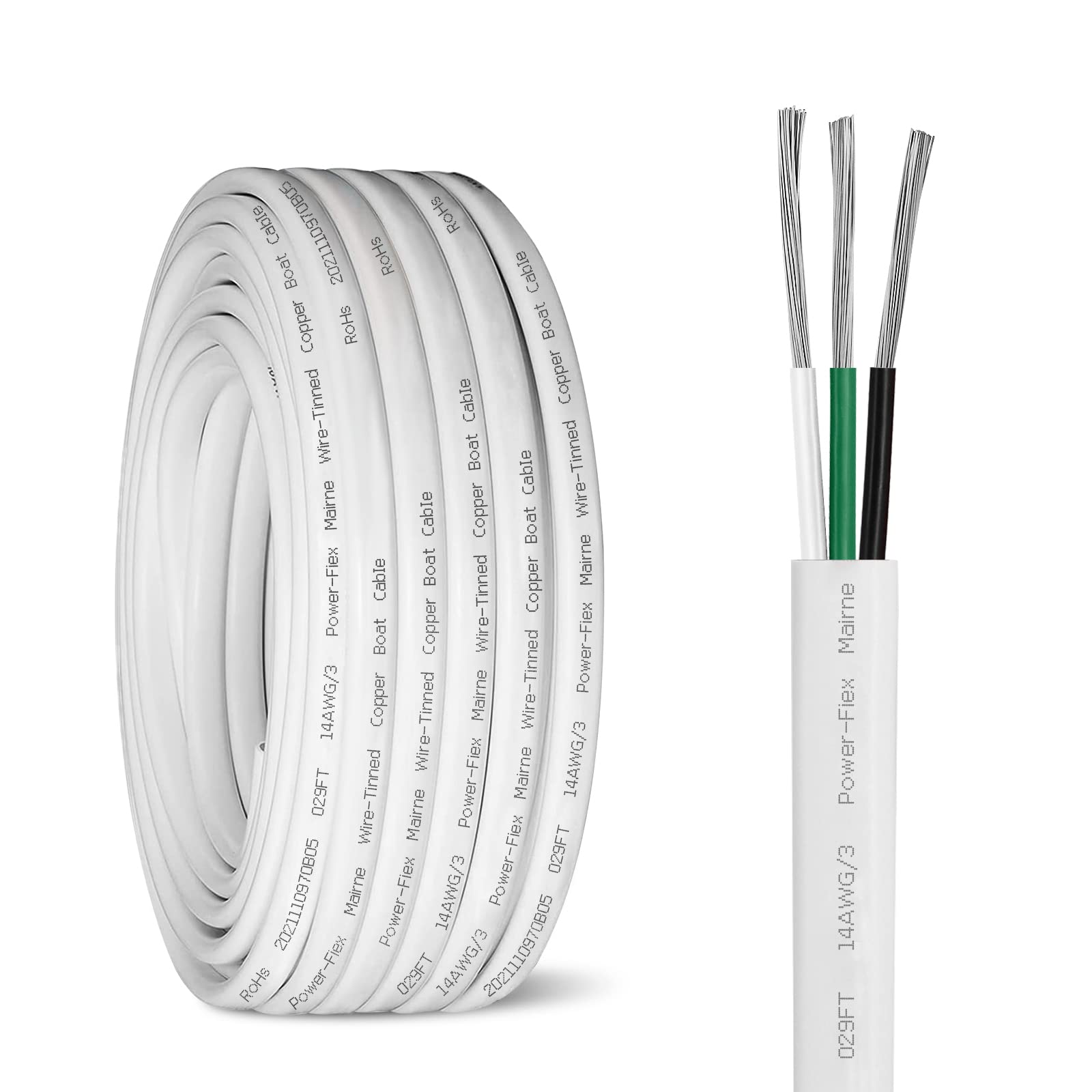 14 Gauge Tinned Copper Marine Wire - 30ft 14 AWG Triplex Boat Cable, Oxygen Free Copper (OFC) for Marine, Automotive, Solar & Outdoor Use - Perfect for Boat Speakers, Wiring & Electrical Systems