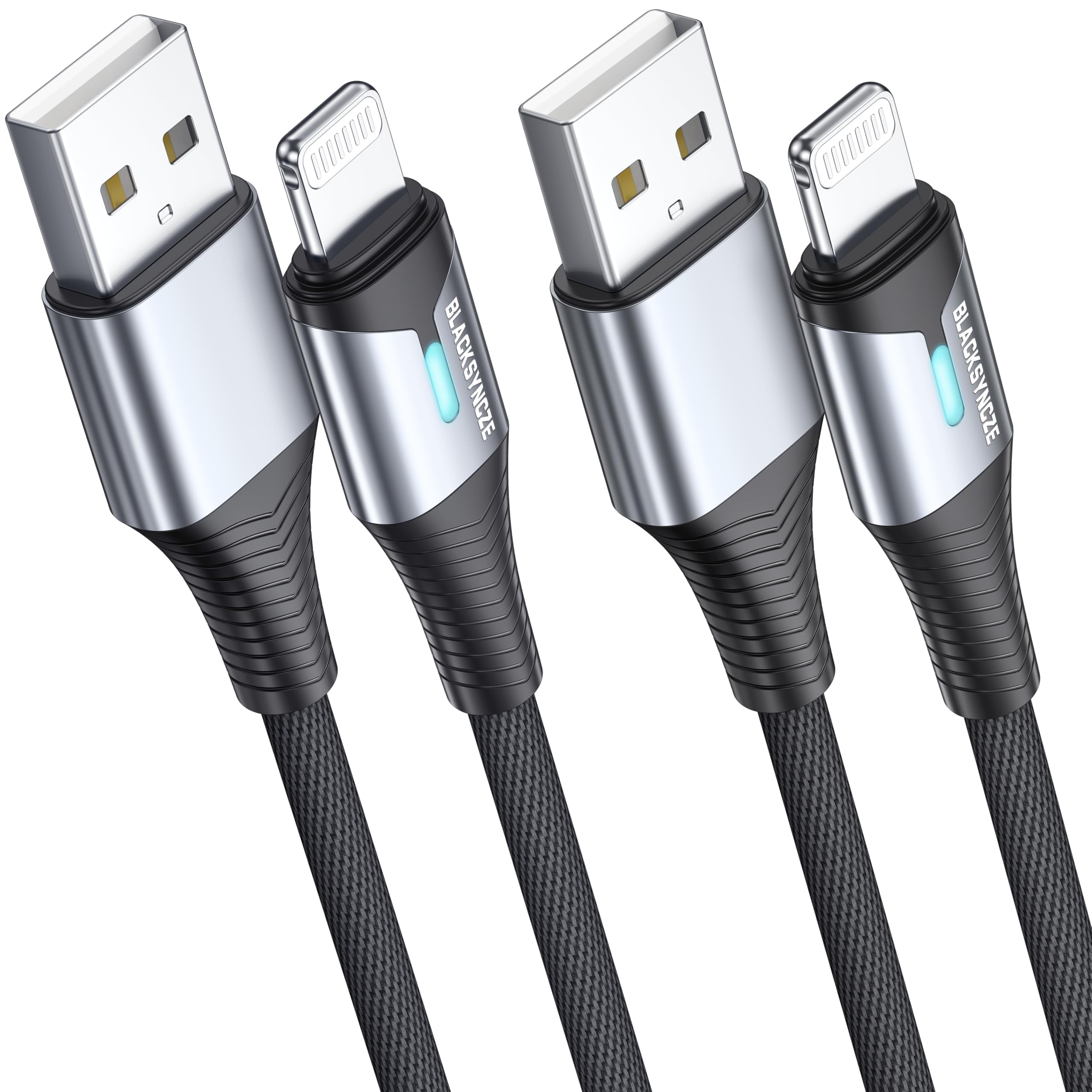 BLACKSYNCZE MFi Certified Lightning Cable [2-Pack 6.6FT] Nylon Braided Fast Charging Cable for iPhone 14/13/12/11 Pro Max/XS/XR/X/8/7/6s/5s - Durable & Tangle-Free - Perfect for Home, Office & Travel Use