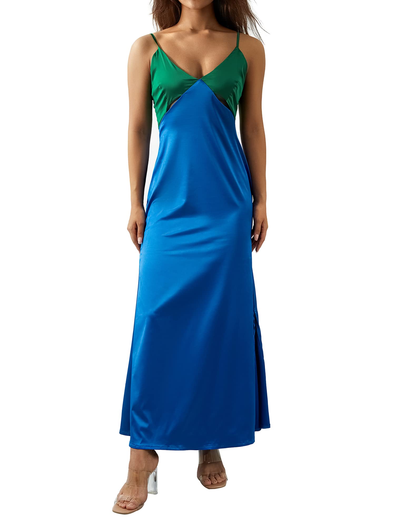 WZTYYDS Women's Elegant Long Slip Dress - Summer Casual Contrast Color V-Neck Sleeveless Slim Beach Dress (Green Blue, Size M) | Perfect for Beach Vacations, Date Nights & Summer Parties