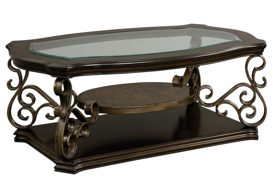 Modern Cocktail Table with Glass Top & MDF Marble-Pattern Shelf - Powder Coated Metal Legs (52