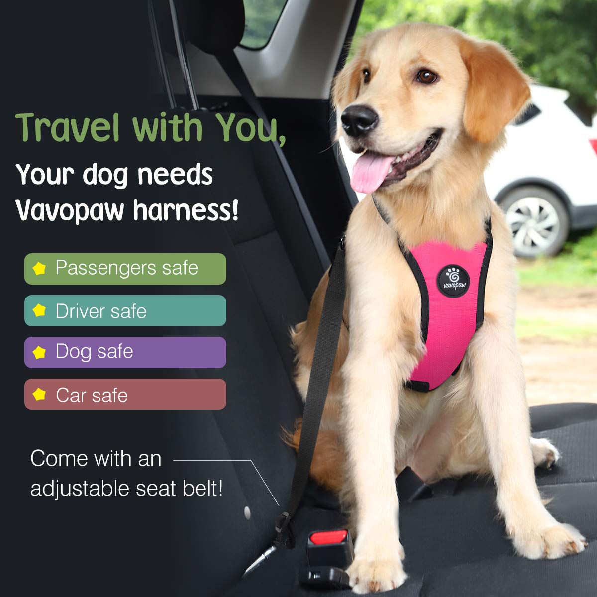 **Heavy Duty Dog Seat Belt for Car - Adjustable Nylon Pet Safety Harness with Buckle, XL Size in Magenta - Perfect for Road Trips & Safe Car Travel with Your Pet**