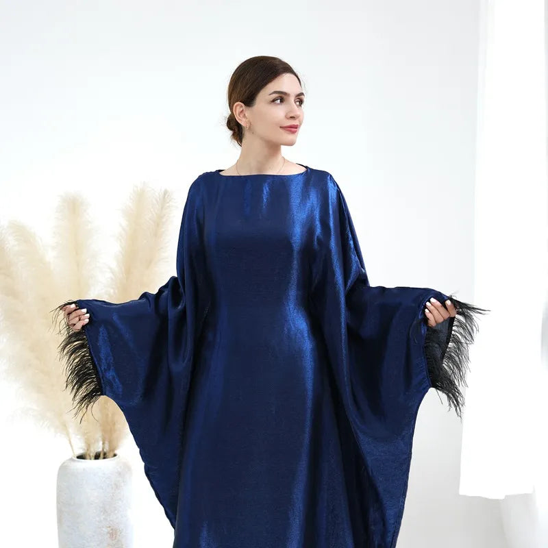 Elegant Muslim Women's Feather Sleeve Abaya Dress - Soft Nylon Cotton Blend - Perfect for Prayer, Eid Celebrations & Modest Fashion