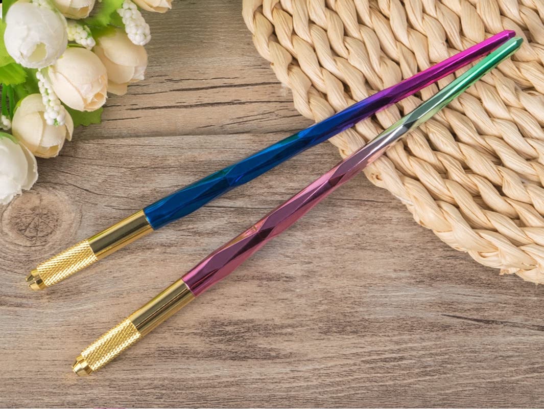 5PCS Microblading Eyebrow Tattoo Pens for Permanent Makeup - Includes 10 Round & 10 Oblique Needles (Blue & Purple) - Professional Eyebrow Styling & Microblading Tools for Salon & Home Use