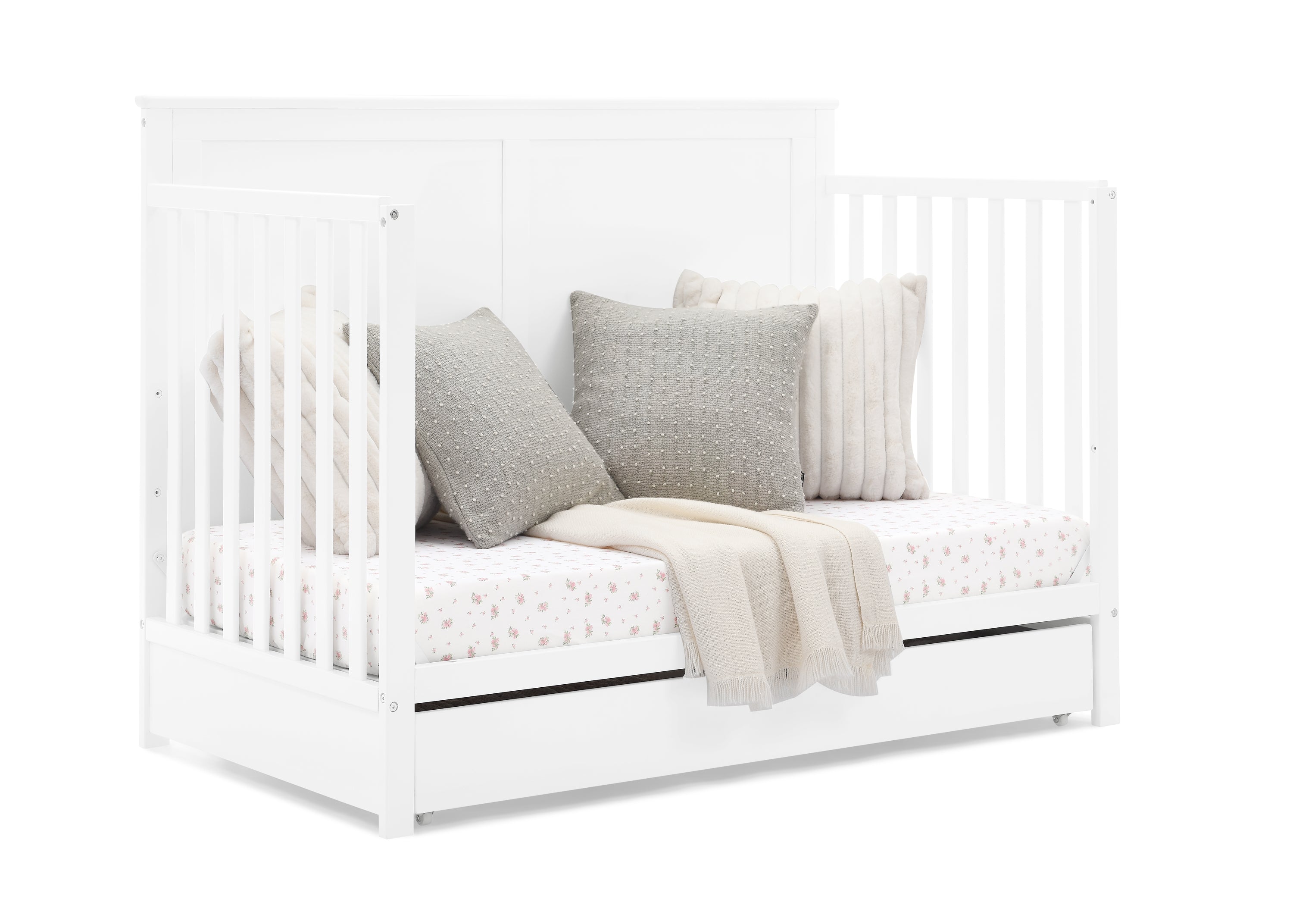 Logan 6-in-1 Convertible Baby Crib with Underdrawer Storage - White Nursery Furniture for Newborn to Toddler Bed | Perfect for Small Spaces & Modern Nurseries