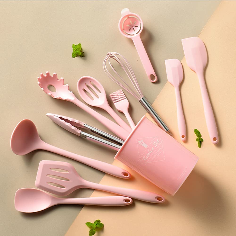 12-Piece Silicone Kitchen Utensil Set with Holder - Heat-Resistant Cooking Spatulas, Spoons & Tools for Baking, Non-Stick Cookware (Pink) - Perfect for Home Cooking, Meal Prep & Gift Giving