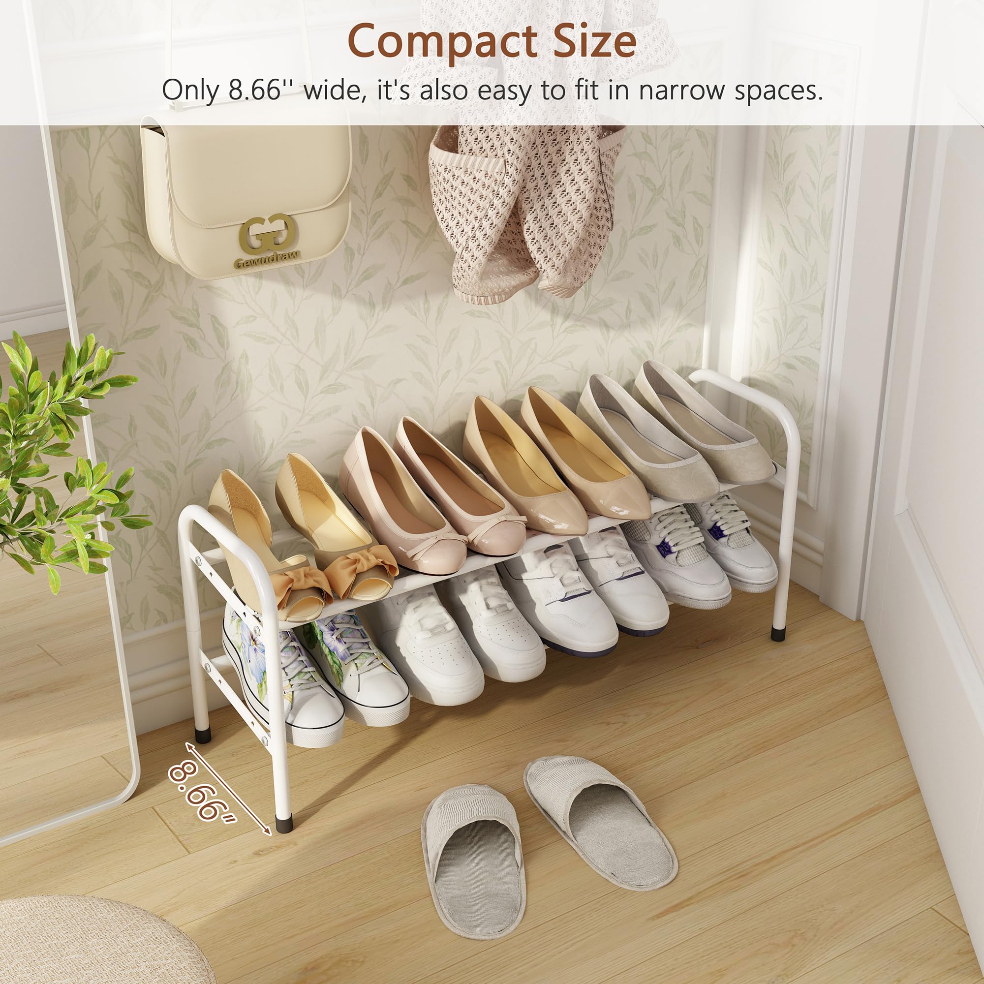 2-Tier Expandable Shoe Rack for Closet - Adjustable Metal Shoe Organizer Holds Up to 12 Pairs - Perfect for Bedroom, Entryway, Hallway - White (41.53 Inches) - Space Saving Shoe Storage Solution for Small Spaces & Apartment Living