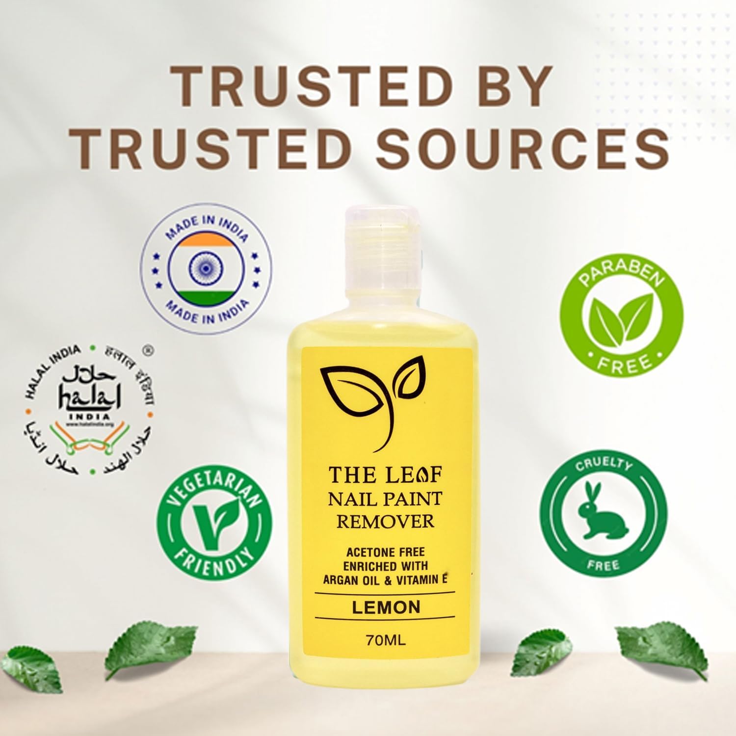 Organic Leaf Nail Polish Remover - Acetone-Free Formula, 70ml Lemon Scent - Gentle Nail Care for Home & Salon Use