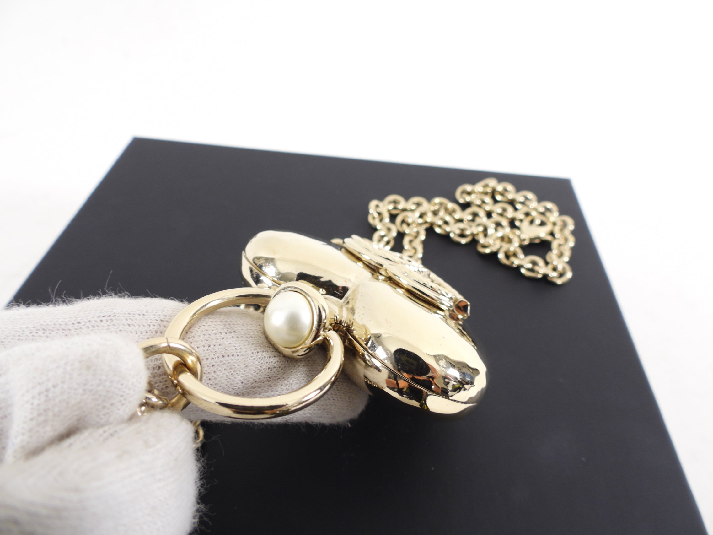 Chanel 22C Gold Tone Pearl Puff Heart Locket Necklace - Elegant Pearl Pendant for Women | Perfect for Valentine's Day Gifts, Anniversary Presents & Formal Occasions