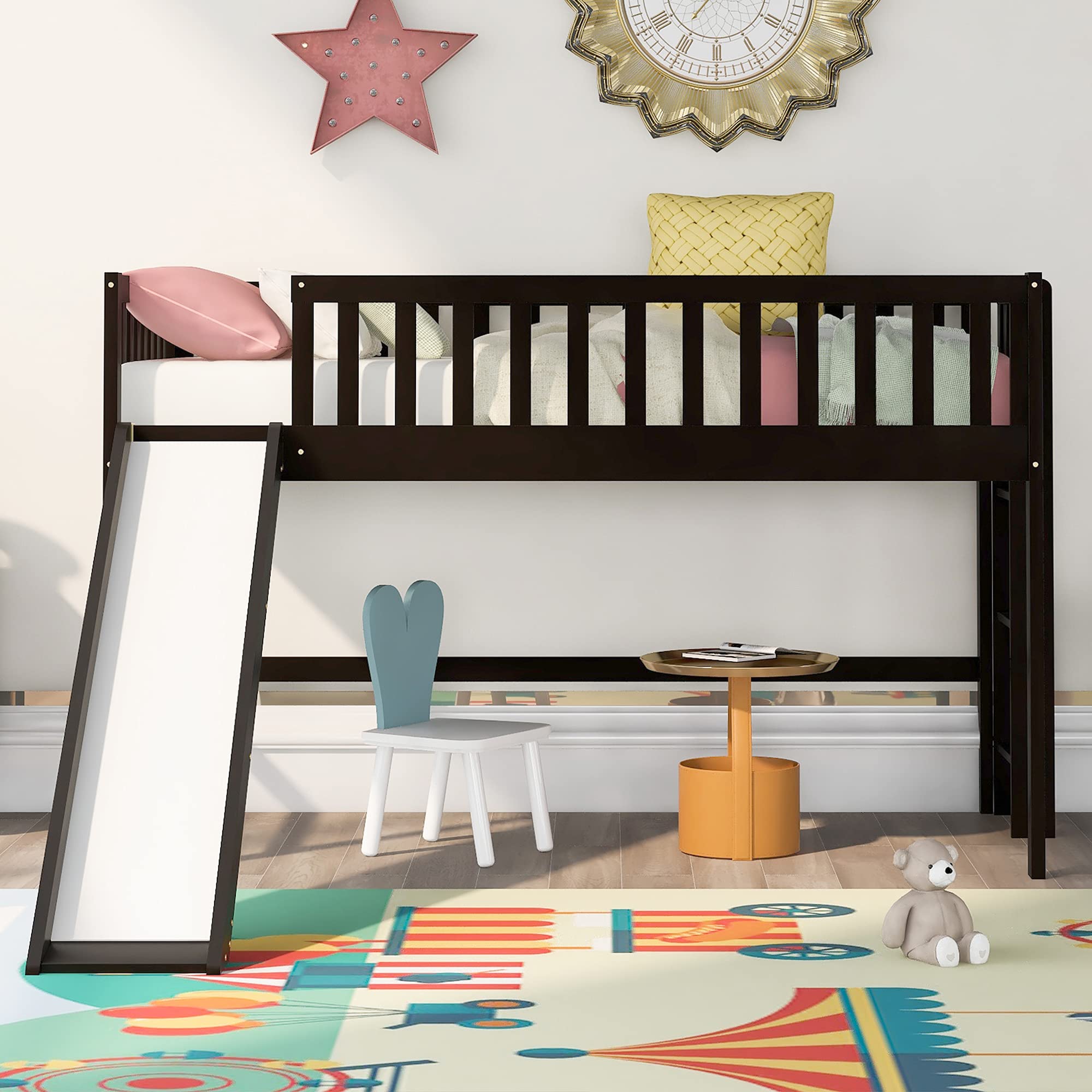 P PURLOVE Twin Size Low Loft Bed with Ladder & Slide - Kids Wooden Bunk Bed Frame, No Box Spring Needed (Espresso) - Perfect for Small Bedrooms, Playrooms & Sleepovers