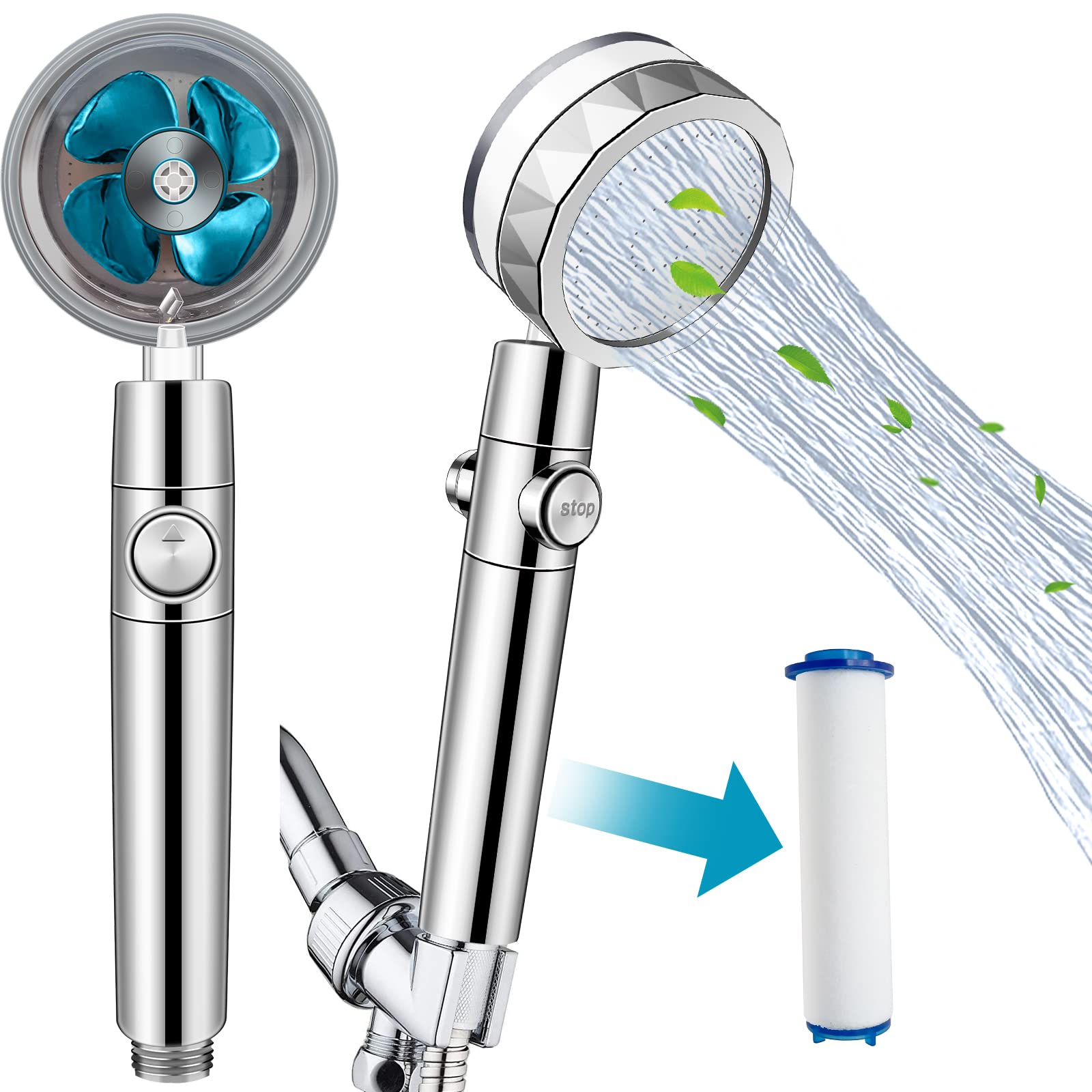 Cokokert Handheld Power Shower Head with Filter & Pause Switch - Vortex Water Saving 360° Shower Head with Removable Propeller | Perfect for Bathroom, Spa, RV & Pet Washing