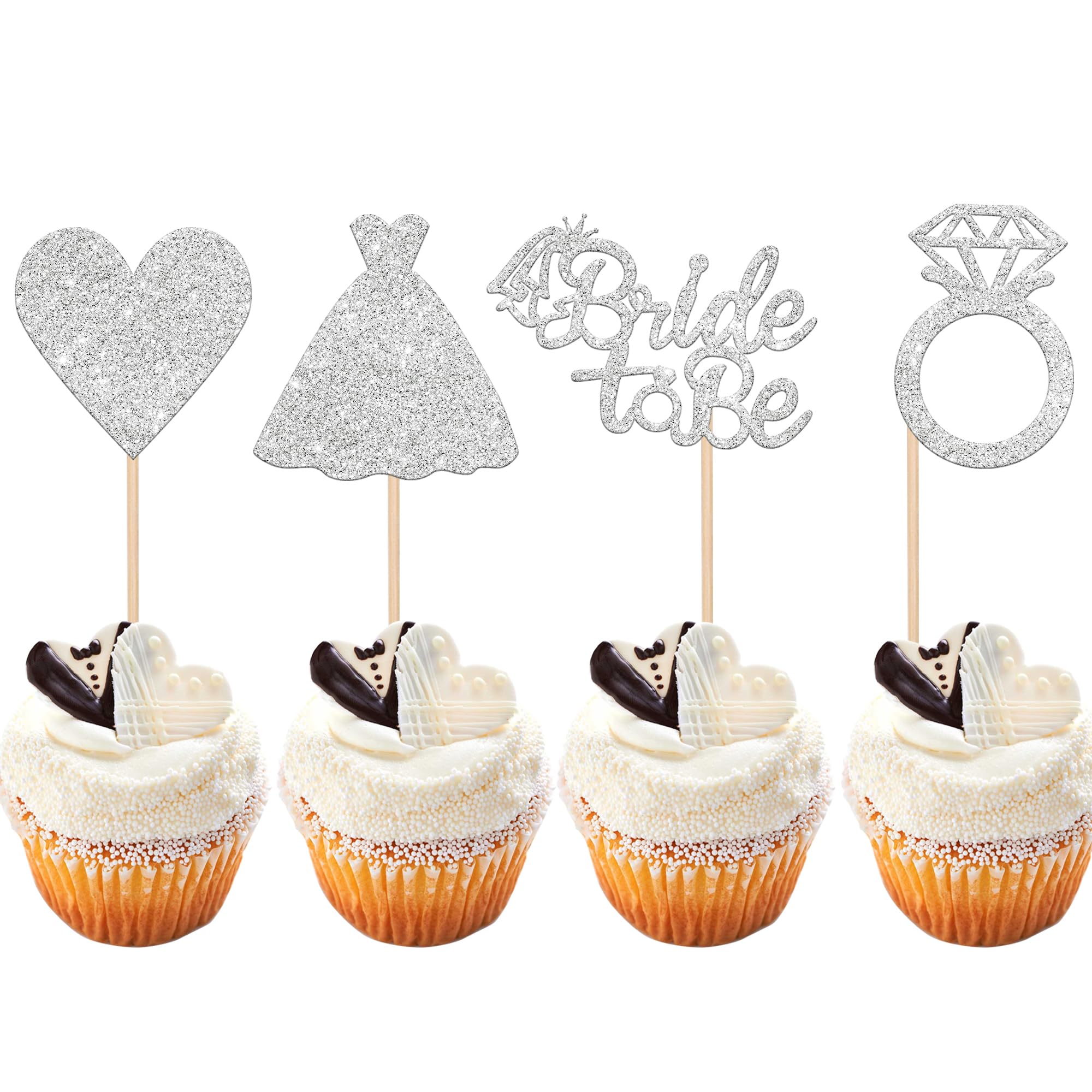 24 PCS Bride to Be Cupcake Toppers - Heart Ring Dress Bridal Shower Cupcake Picks for Wedding, Engagement & Bachelorette Party - Silver Cake Decorations Supplies - Perfect for Bridal Showers, Wedding Receptions & Bachelorette Desserts