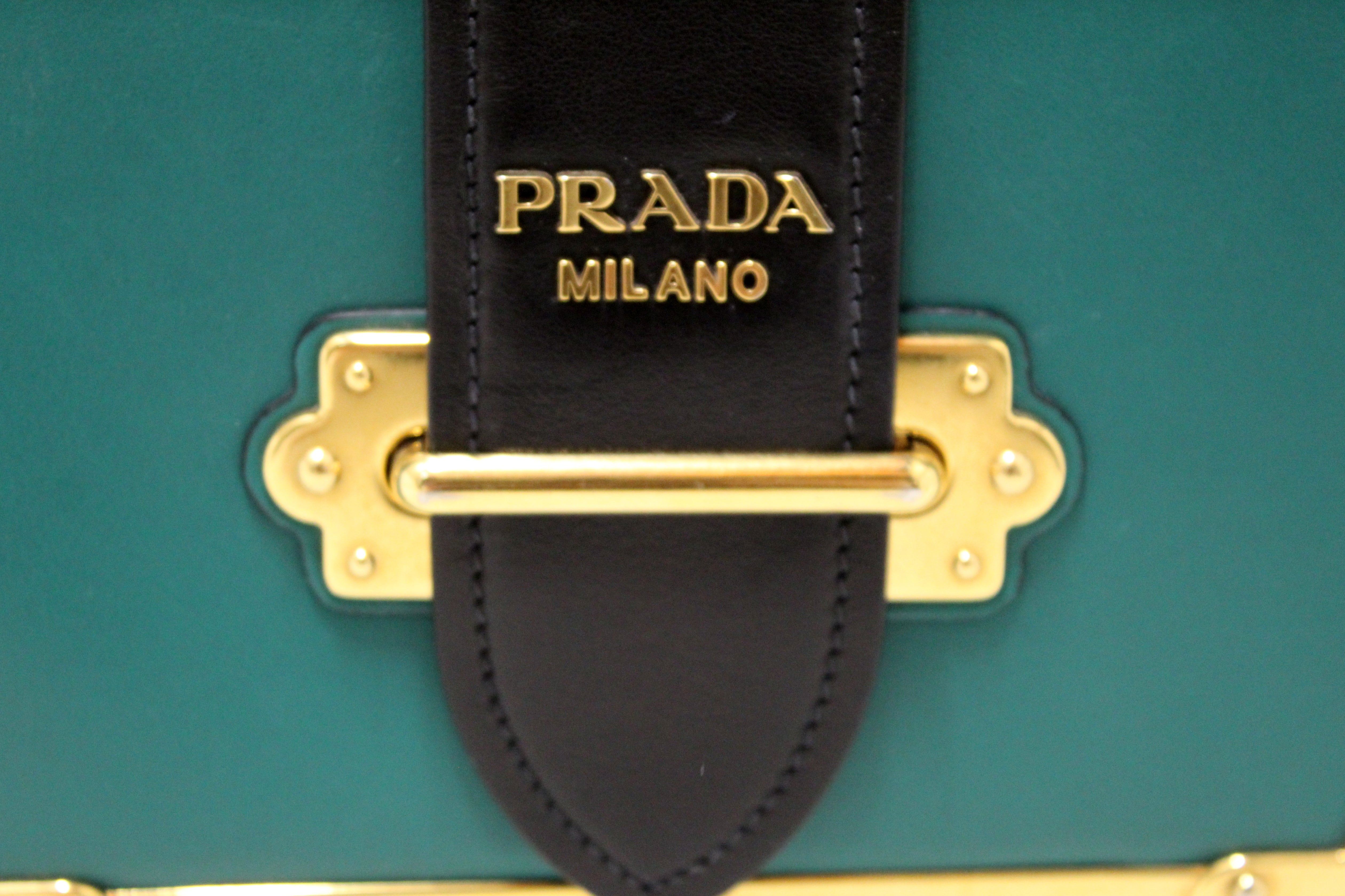 Authentic Prada Cahier Bag - Emerald Green & Black Leather Crossbody Purse for Women | Luxury Designer Handbag for Work, Travel & Evening Events
