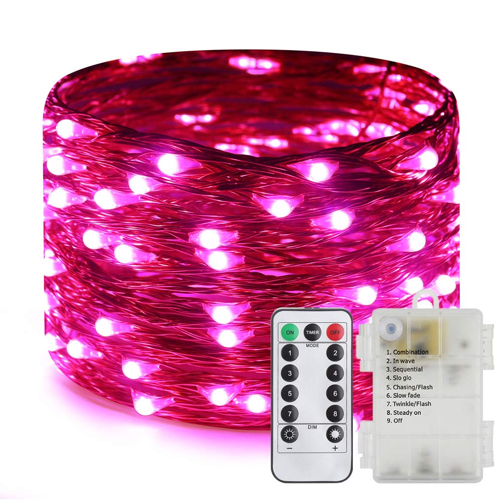 Fairy Lights Battery Operated - 66ft 200 LED Waterproof Copper Wire String Lights with Remote Control & Timer - Perfect for Bedroom, Patio, Garden, Christmas Decor & Party Lighting (Pink)