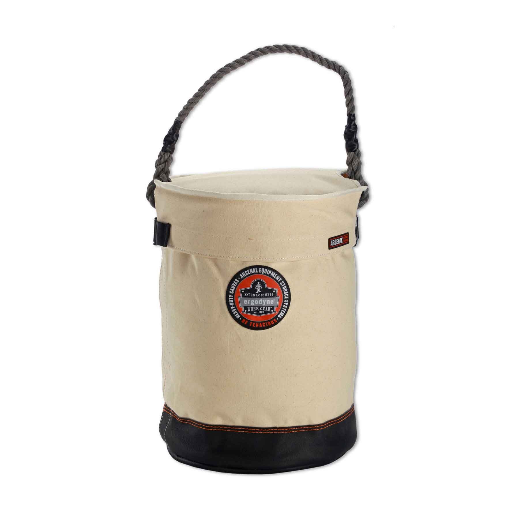 Ergodyne Arsenal 5730T White Canvas Tool Bucket with Leather Bottom & Cover - Durable Work Pouch for Construction, Gardening & DIY Projects