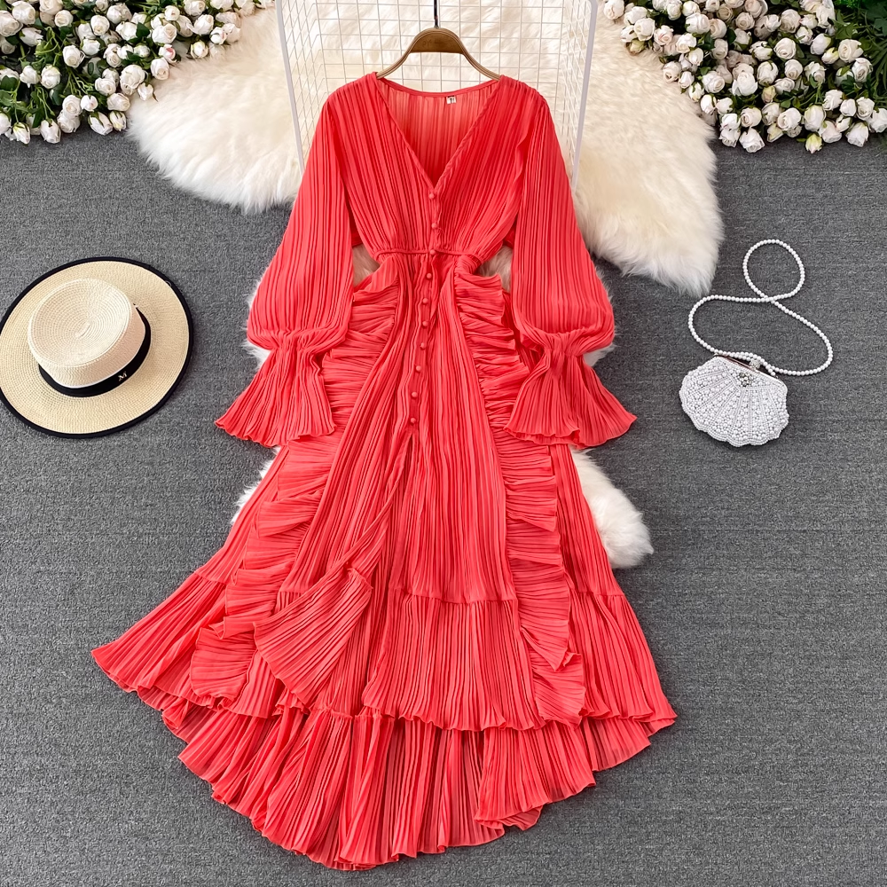 Elegant High Waist V-Neck Long Sleeve Swing Dress for Women - Perfect for Office, Party & Special Occasions