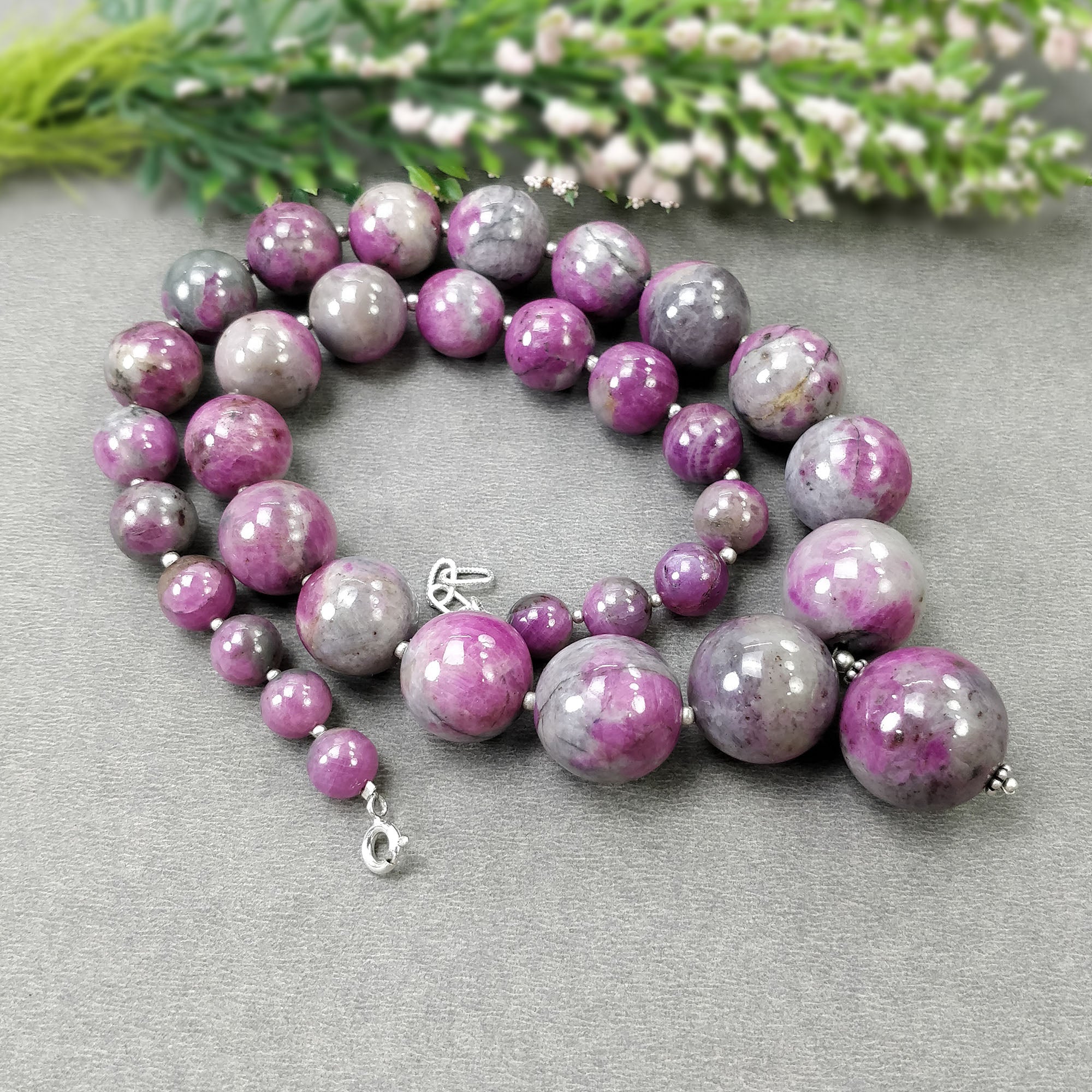 Natural Untreated Bi-Color Zoisite Ruby Gemstone Necklace – 734.70cts Genuine Ruby Balls with 925 Sterling Silver (8.5mm-19mm) | Elegant Jewelry for Women, Perfect for Weddings, Parties & Special Occasions