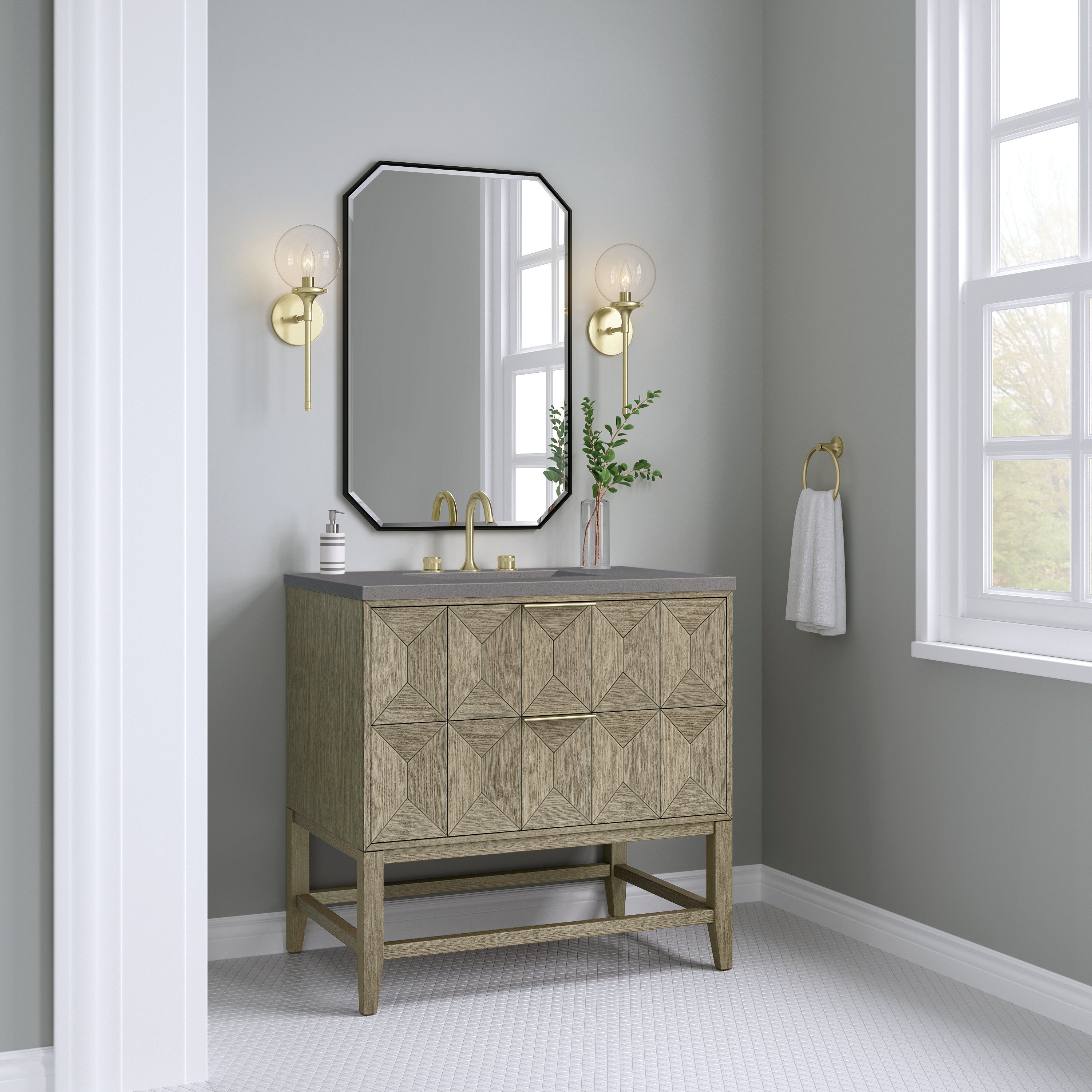 Emmeline 36 Inch Single Bathroom Vanity with Pebble Oak Finish & 3CM Grey Expo Top - Perfect for Modern Home Bathroom Renovation and Space-Saving Design