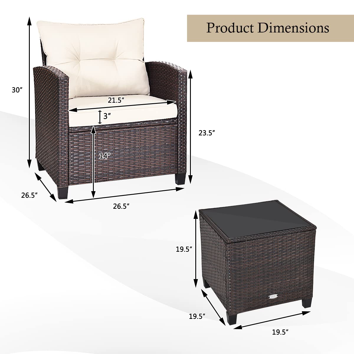 KOTEK 3-Piece Outdoor Patio Furniture Set with Washable Cushions & Tempered Glass Tabletop - PE Rattan Wicker Bistro Set for Porch, Garden, Balcony, Backyard (White) - Perfect for Relaxing, Entertaining Guests, and Outdoor Dining
