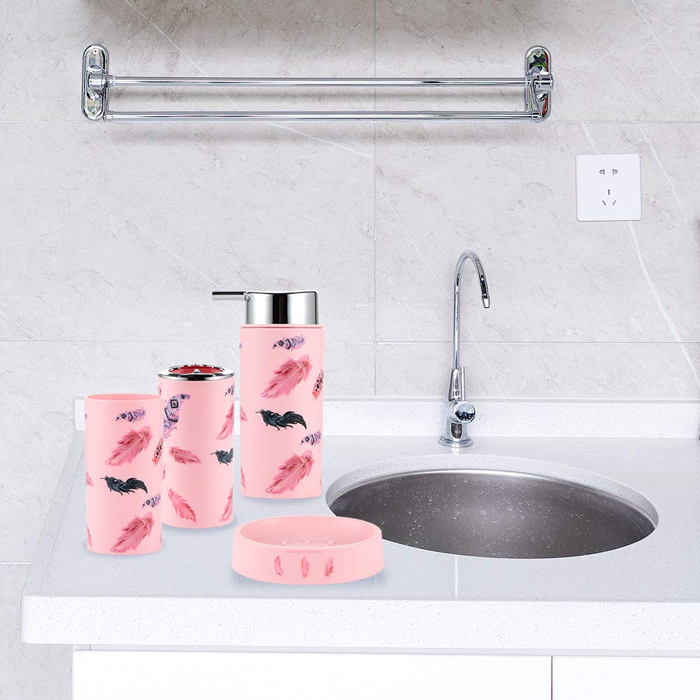 6-Piece Plastic Bathroom Accessories Set - Toothbrush Holder, Cup, Soap Dish, Hand Sanitizer Bottle, Trash Can & Toilet Brush (Flamingo Design) - Perfect for Bathroom Organization and Home Decor