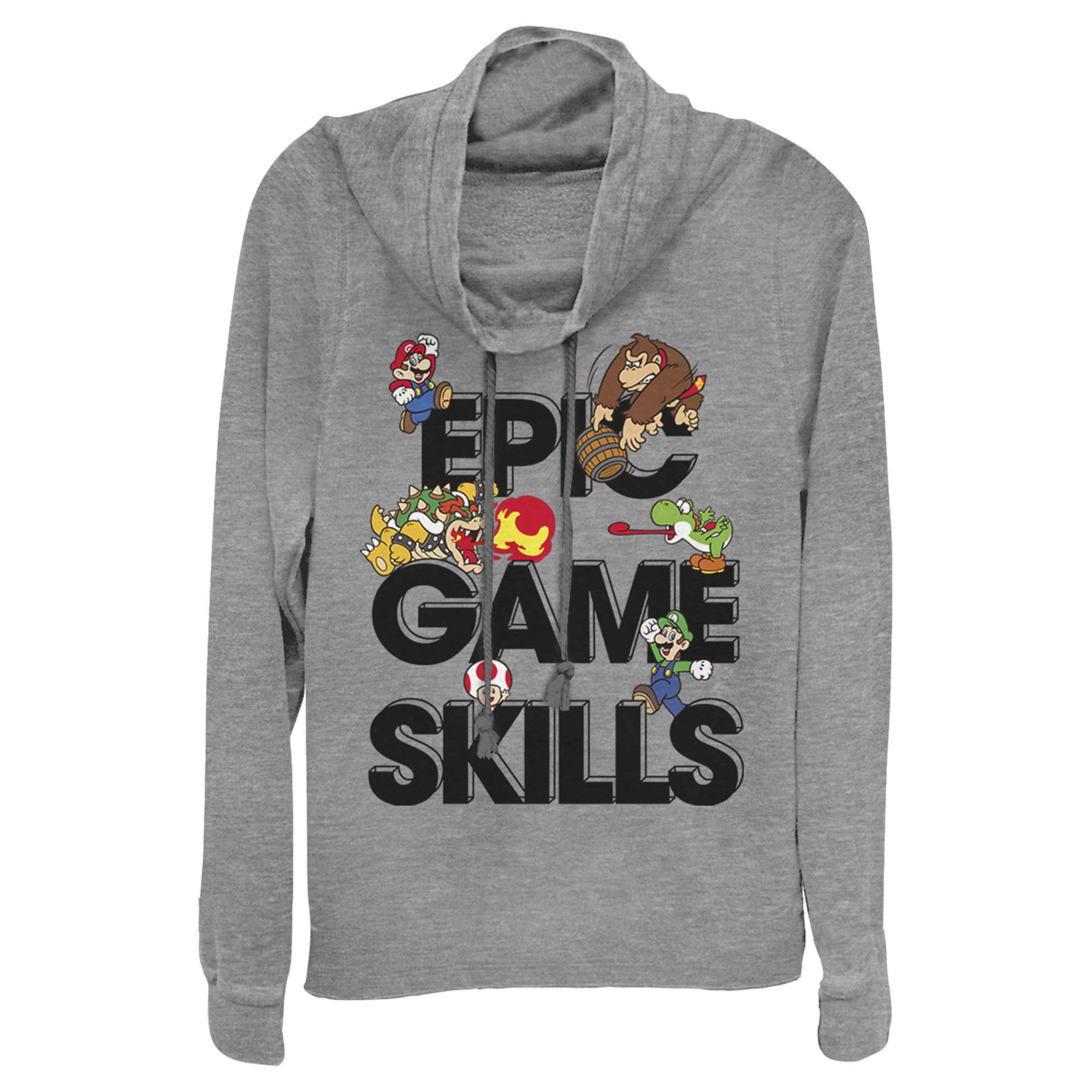Junior's Nintendo Super Mario Character Collage Cowl Neck Sweatshirt | Official Licensed Apparel | Perfect for Gaming Enthusiasts & Cosplay Events