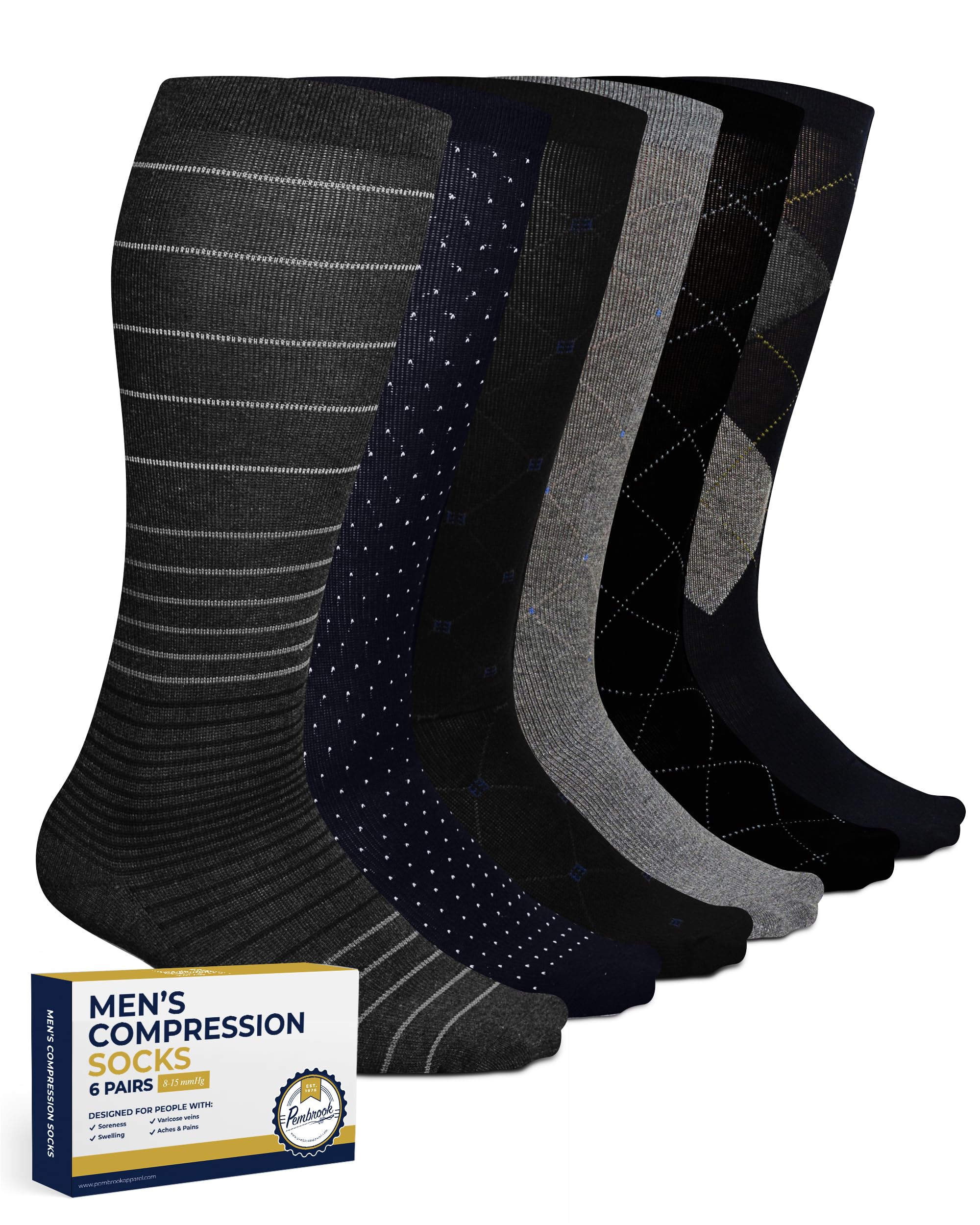 Pembrook Men's Light Compression Socks 6-Pack (8-15 mmHg) - Graduated Support Socks for Circulation, Travel & Recovery - Best for Running, Nursing & Long Flights