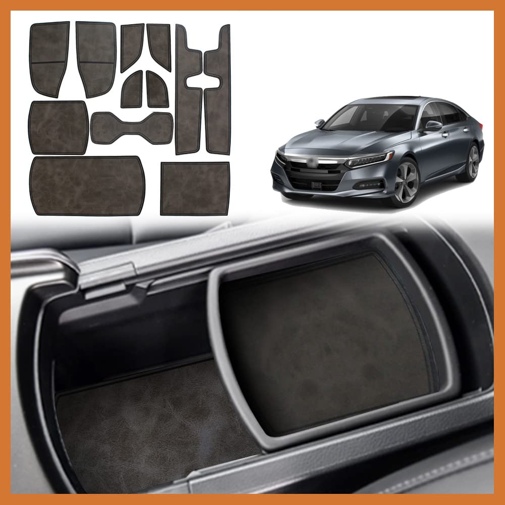 Premium 12-Piece Leather Cup Holder Inserts & Center Console Liners for 2018-2022 Honda Accord - Retro Grey Interior Accessories | Car Organizer Mats for Enhanced Protection & Style