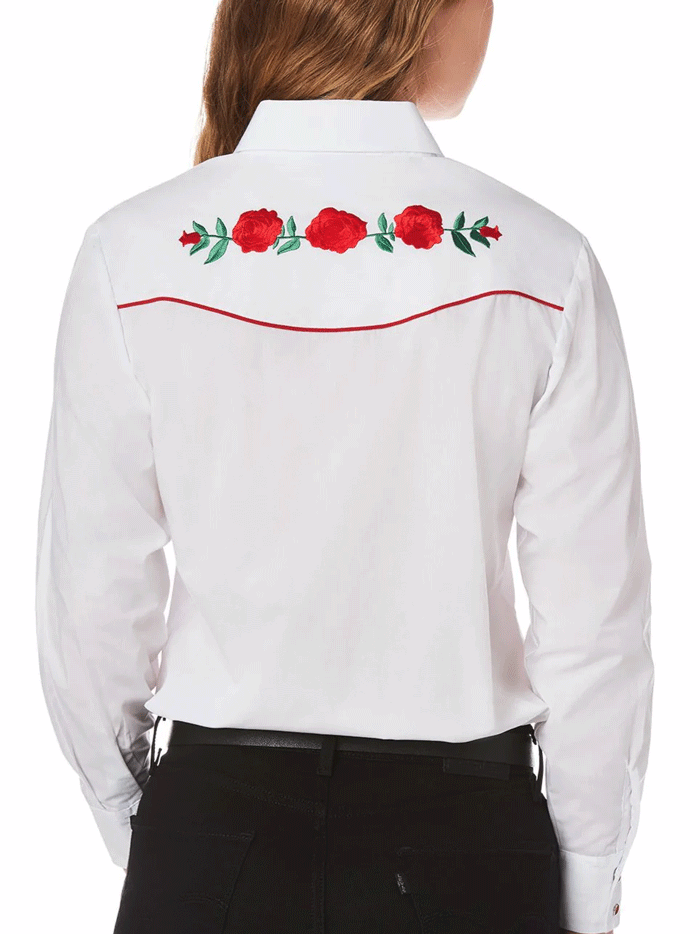 Ely Cattleman 15303801 06 Women's Western Shirt - White with Red Rose Embroidery, Long Sleeve Cowgirl Top for Rodeo, Country Music Festivals & Western Fashion