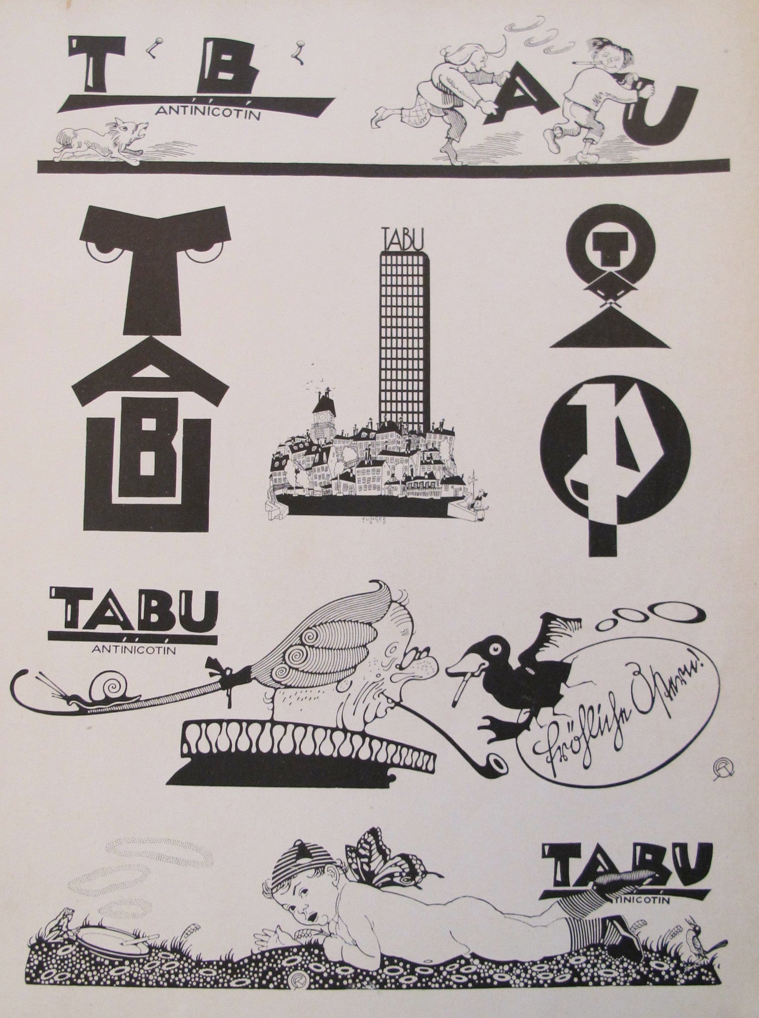 1923 Original Vintage German Poster - Doodle #4/Tabu 2 (Cherub & Pipe Smoker) - Rare Antique Art Print for Home Decor, Office Wall Art & Collectors