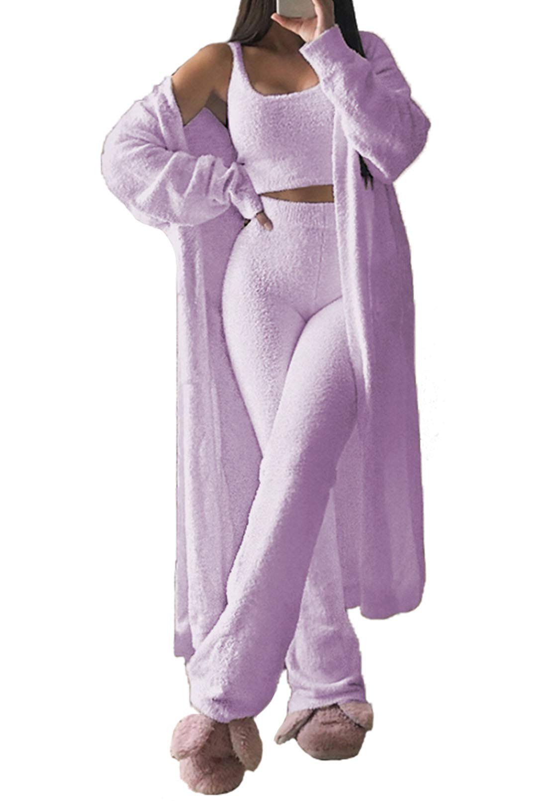 Linsery Women's 3-Piece Fuzzy Lounge Set - Cozy Sherpa Crop Vest & Wide Leg Pants, Soft Winter Loungewear Outfit in Purple (Size XL) - Perfect for Relaxing at Home, Yoga, or Casual Winter Wear