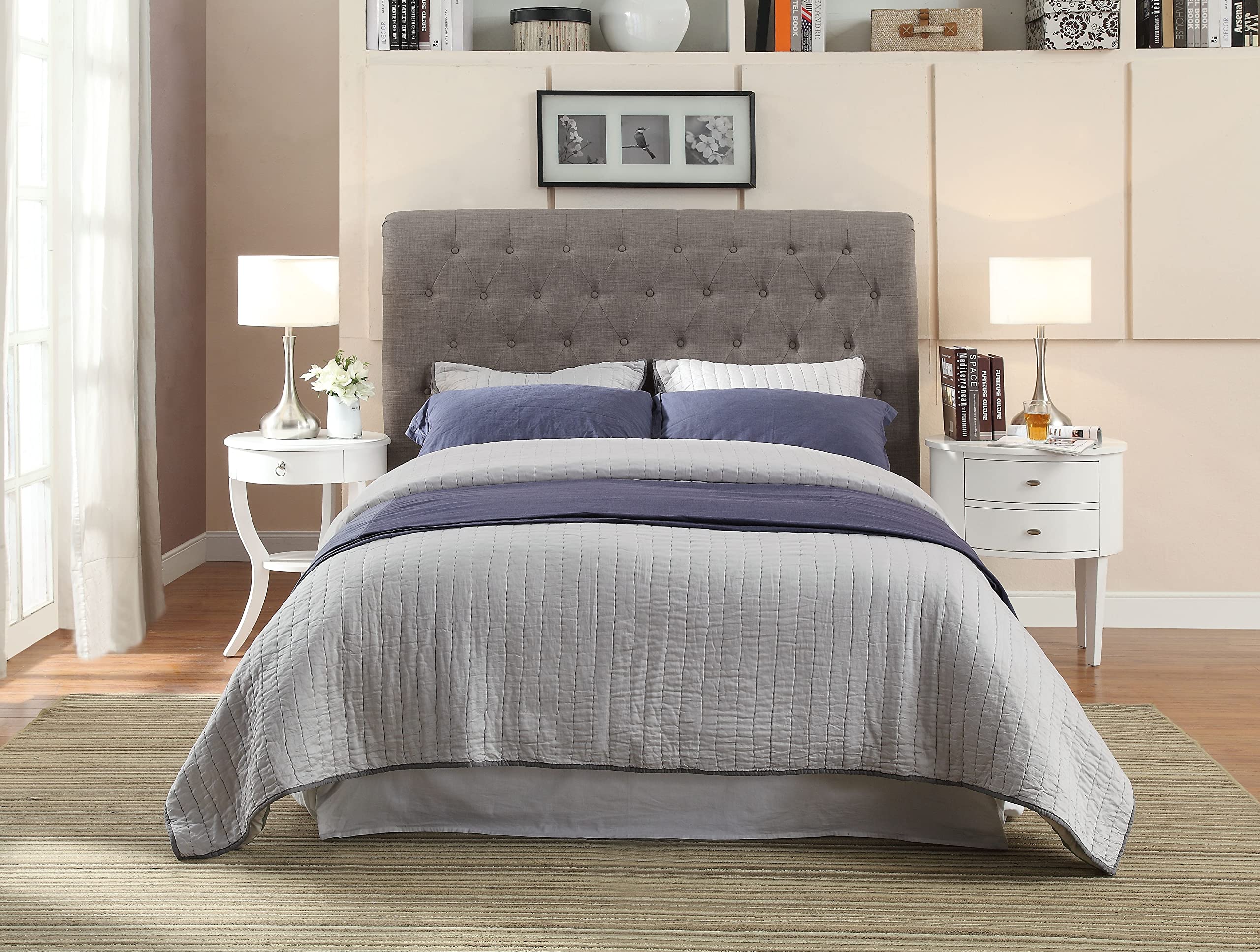 Modus Furniture Solid Wood Storage Bed with Footboard, Full Size, Royal Dolphin Linen - Space-Saving Bedroom Solution for Small Spaces & Guest Rooms