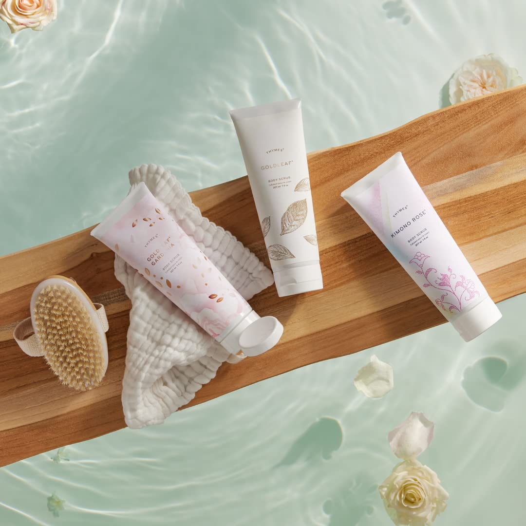 Thymes Goldleaf Gardenia Body Scrub - Exfoliating & Moisturizing Skin Care Scrub for Body, Face, Hands & Feet - 7 Fl Oz - Perfect for Spa Day, Self-Care Routine & Dry Skin Treatment