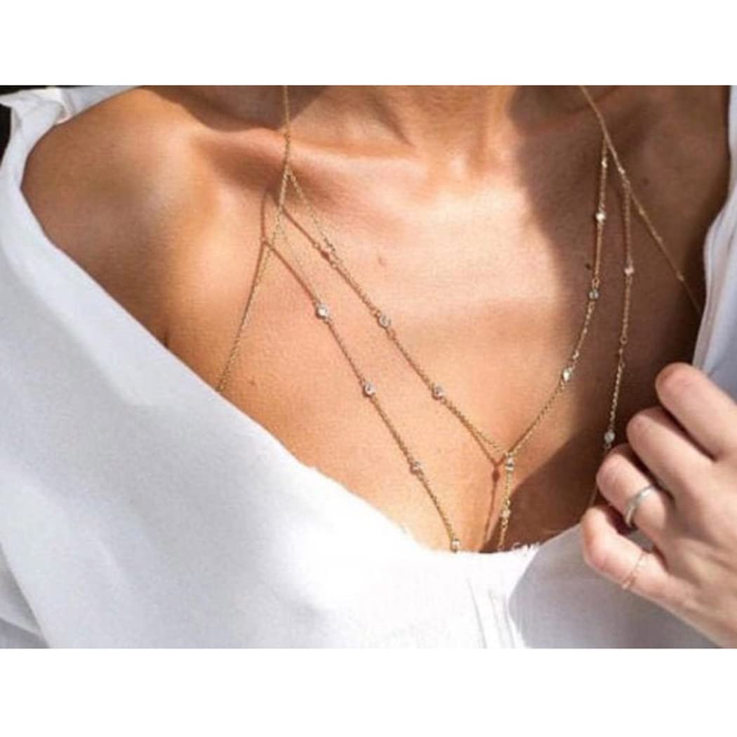 Sexy Rhinestone Chain Bra Body Jewelry - Gold Bikini Body Chain for Women | Perfect for Rave, Party & Beach Wear