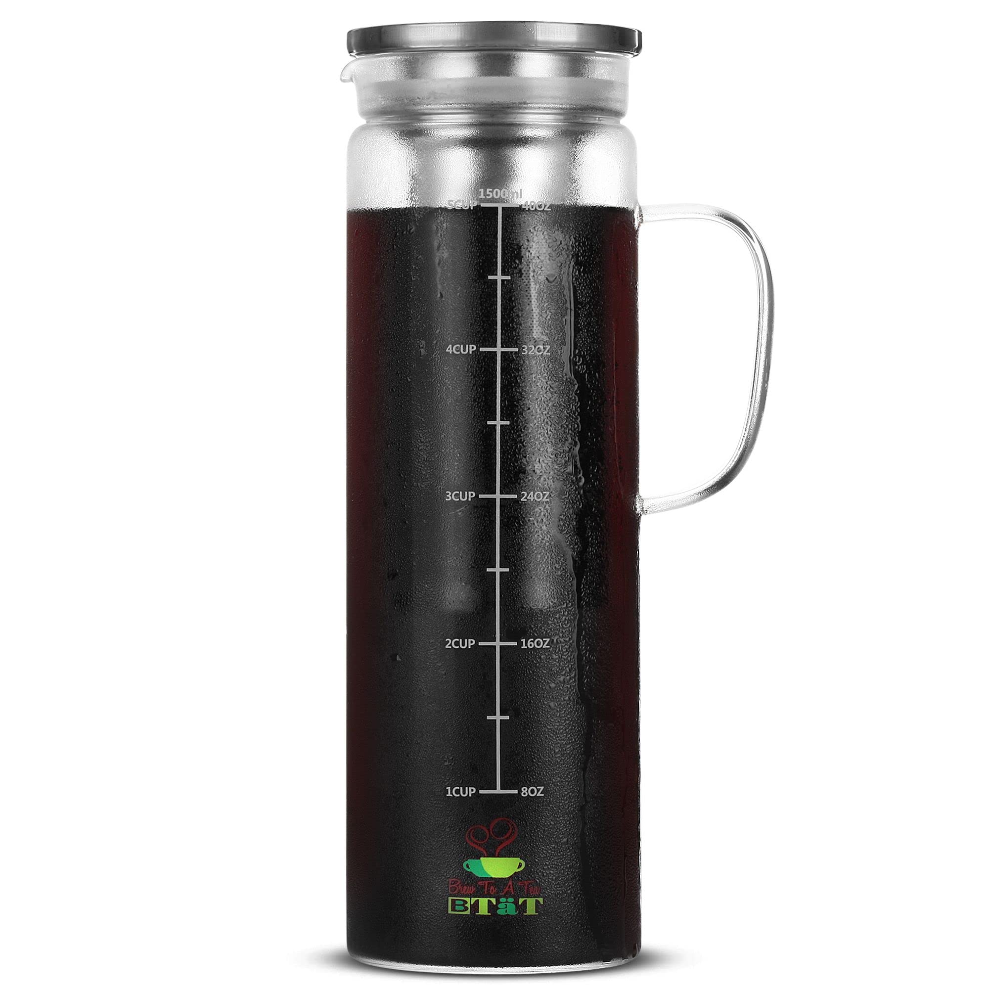 BTaT Cold Brew Coffee Maker - 1.5 Quart (48 oz) Glass Pitcher for Iced Coffee & Tea | Airtight Brewing System with Stainless Steel Filter | Perfect for Home, Office & Outdoor Use | Great Coffee Gift Idea