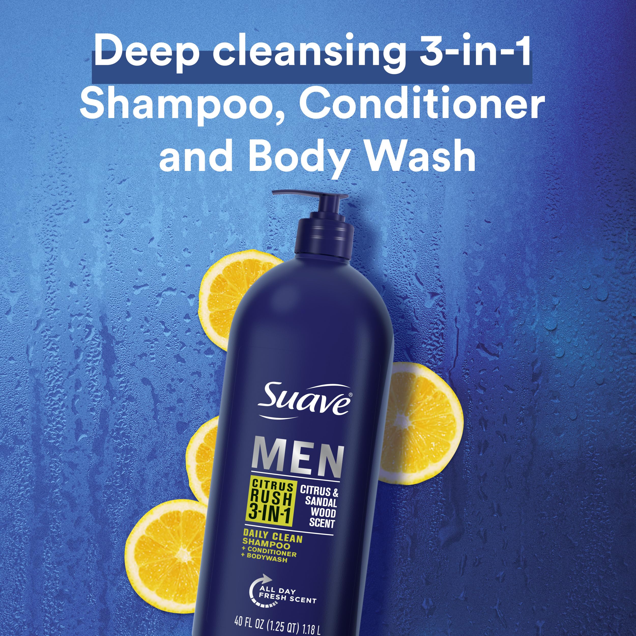 Suave Men's 3-in-1 Shampoo, Conditioner & Body Wash - Citrus & Sandalwood Scent for Hair & Skin Care, 40 oz (Pack of 3) | Refreshing Daily Shower Gel for Gym, Travel & Home Use