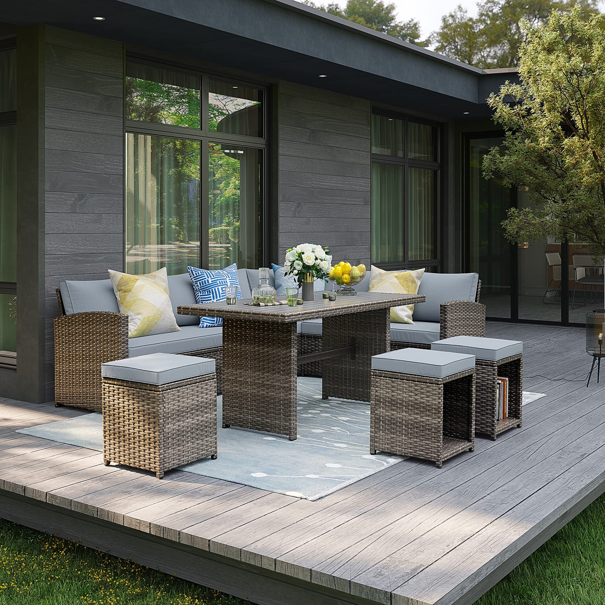 Verano 7-Piece Outdoor Patio Furniture Set - All-Weather Wicker Rattan Dining & Conversation Set with Cushions & Ottoman in Gray - Perfect for Garden, Backyard, Poolside & Outdoor Entertaining
