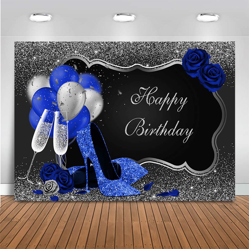 Royal Blue High Heels & Balloons Birthday Backdrop - 8x6ft (96x72 inch) Silver & Black Party Decoration for Women with Blue Roses - Perfect for Birthday Celebrations, Baby Showers & Special Events