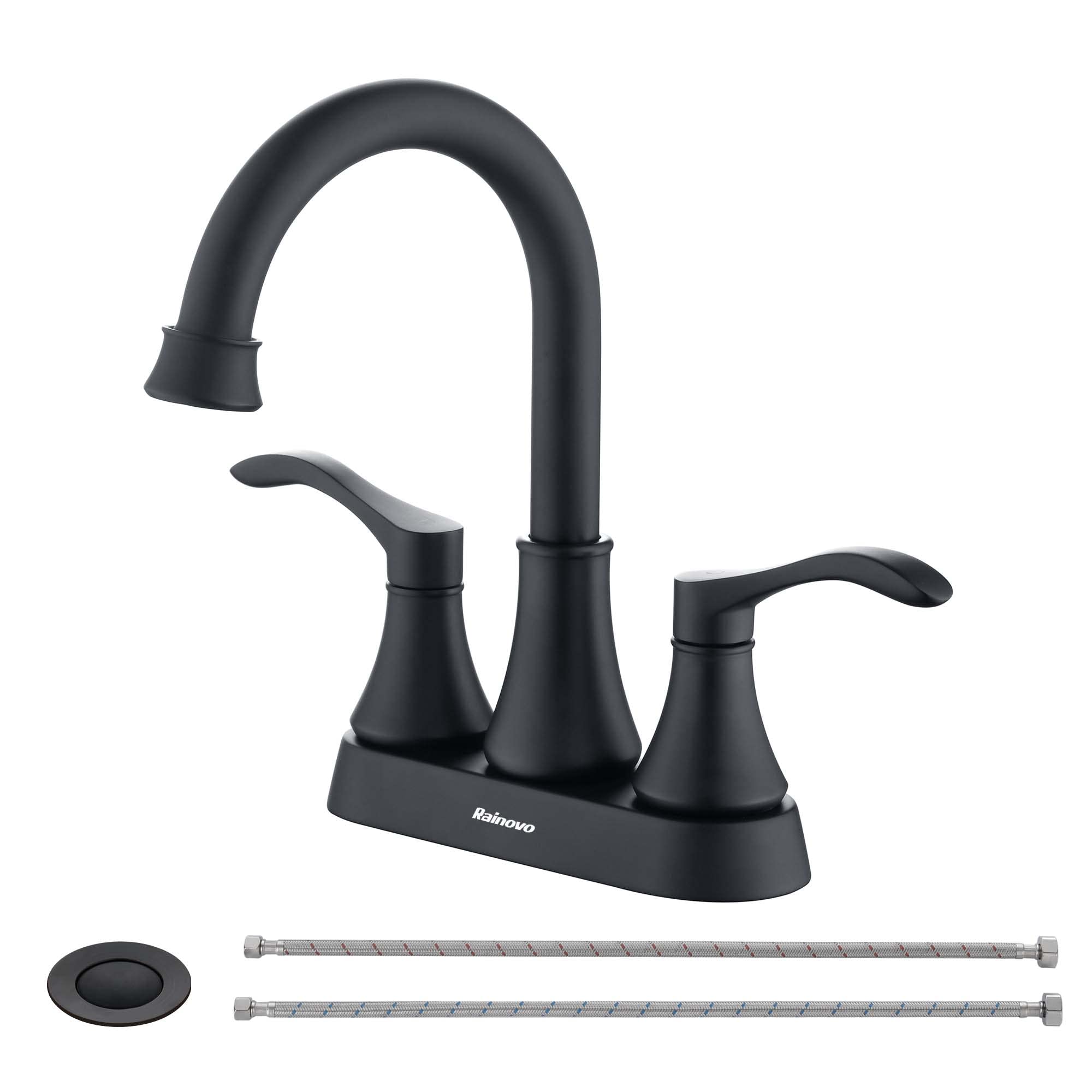 Rainovo Matte Black 3-Hole Centerset Bathroom Sink Faucet with 2 Handles & Stainless Steel Pop-Up Drain - Perfect for RV, Camper, Tiny House & Small Bathroom Renovations
