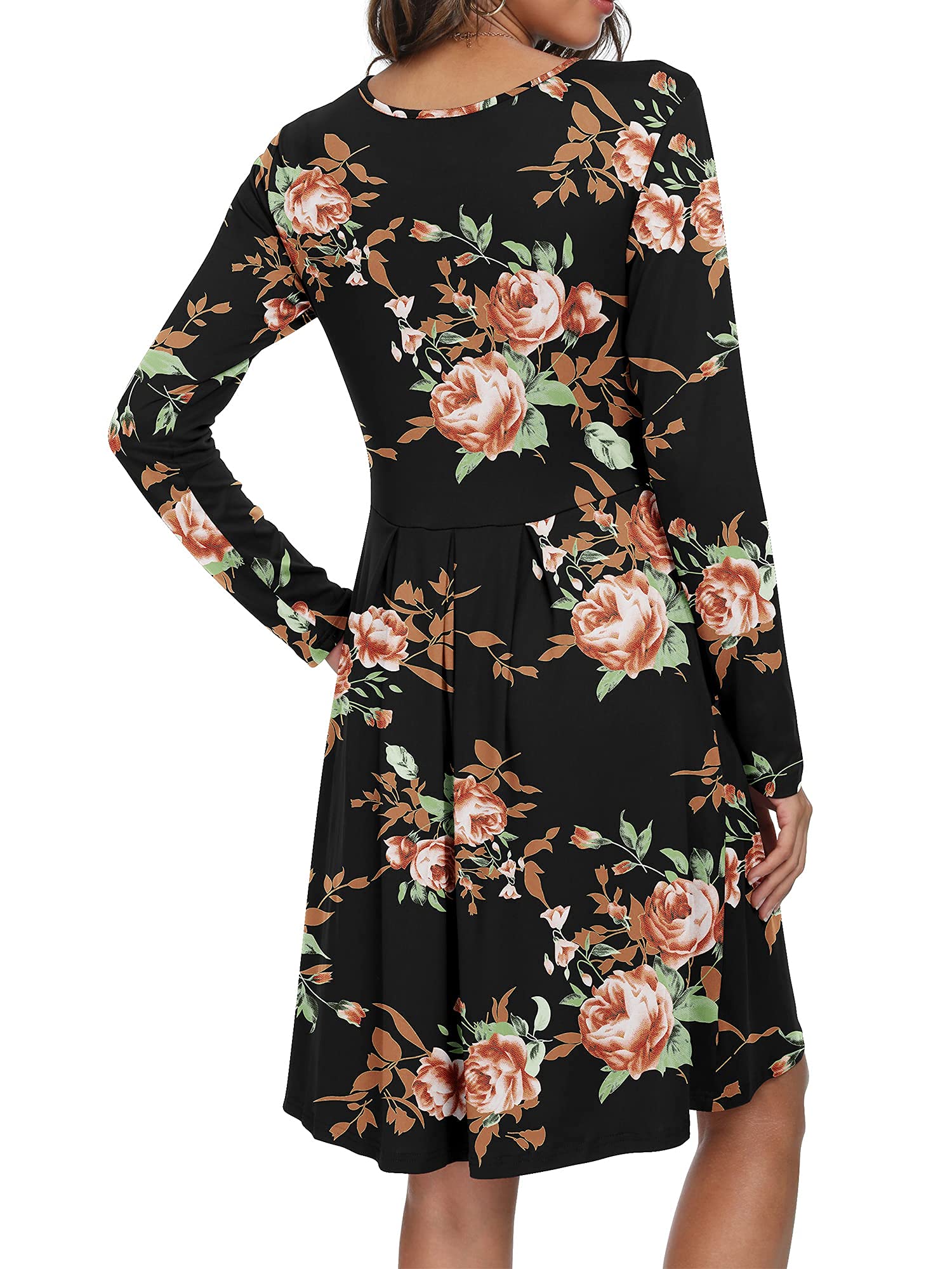 DouBCQ Women's Casual Long Sleeve Pleated Maxi Dress with Pockets - Elegant Flowy Fall Dress for Work, Date Night & Autumn Outings