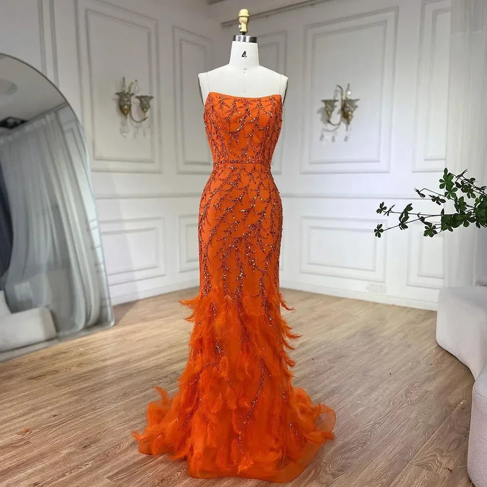 Serene Hill Orange Spaghetti Strap Mermaid Evening Dress with Feathers & Beading - Elegant Women's Formal Gown for Weddings, Parties & Special Occasions | 2025 LA72272