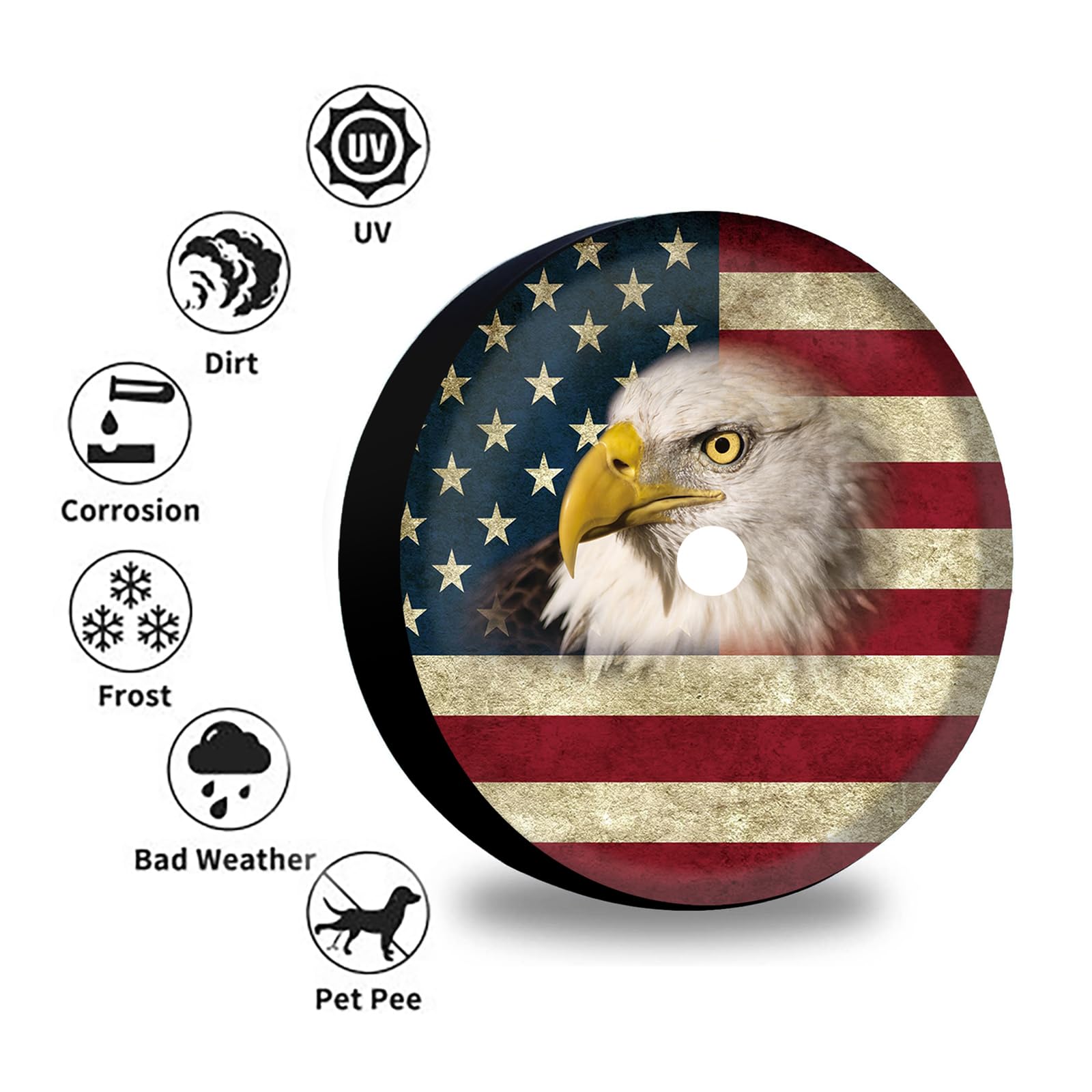 Retro American Flag Spare Tire Cover with Backup Camera Hole - Genuine Leather Wheel Cover for Jeep Wrangler JL - Waterproof & UV Resistant for Off-Road Adventures & Camping Trips