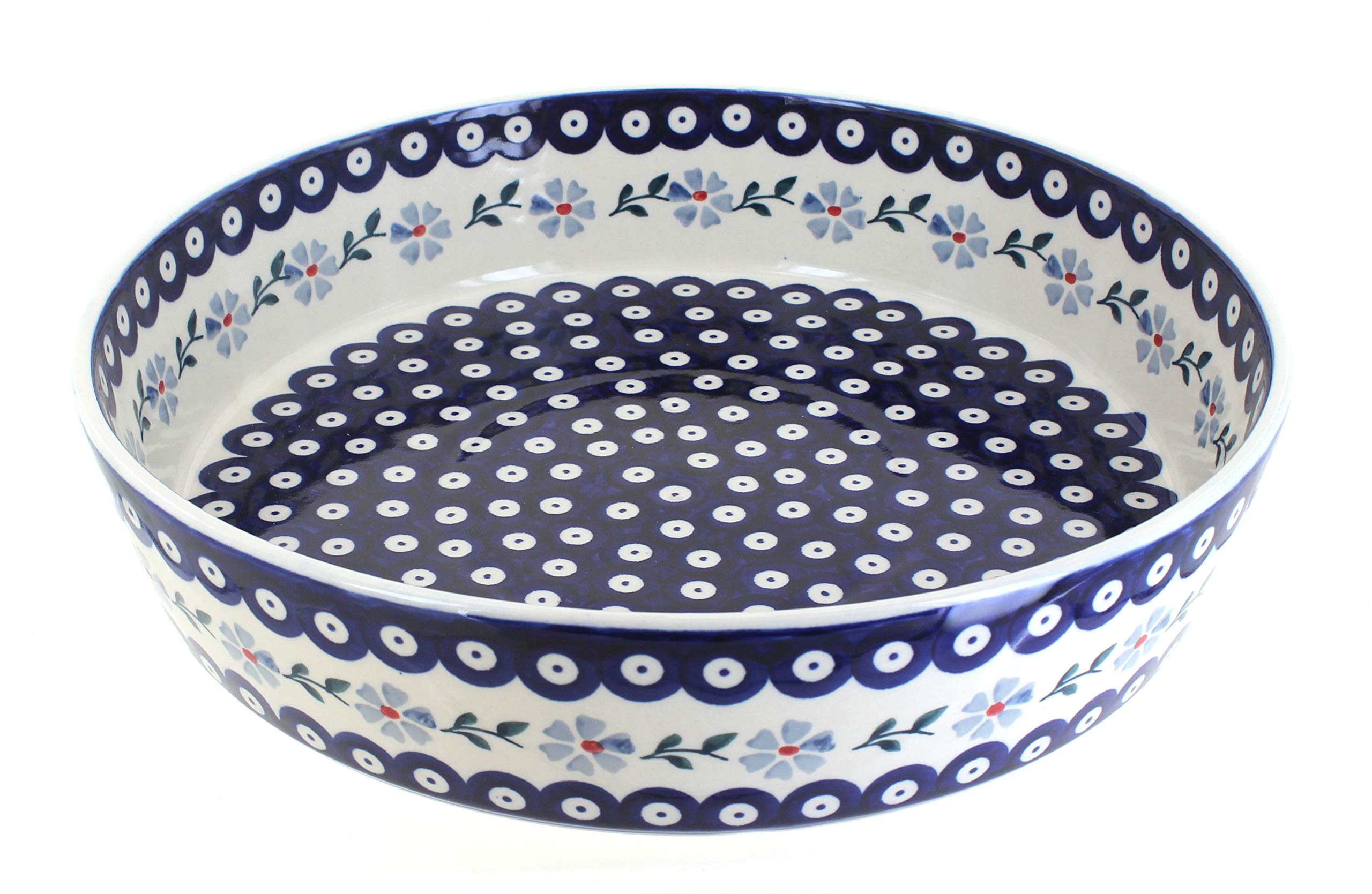 Handmade Blue Rose Polish Pottery Round Baking Dish - Large Violet Ceramic Baker for Casseroles, Pies & Bread | Perfect for Oven, Microwave & Dishwasher Safe